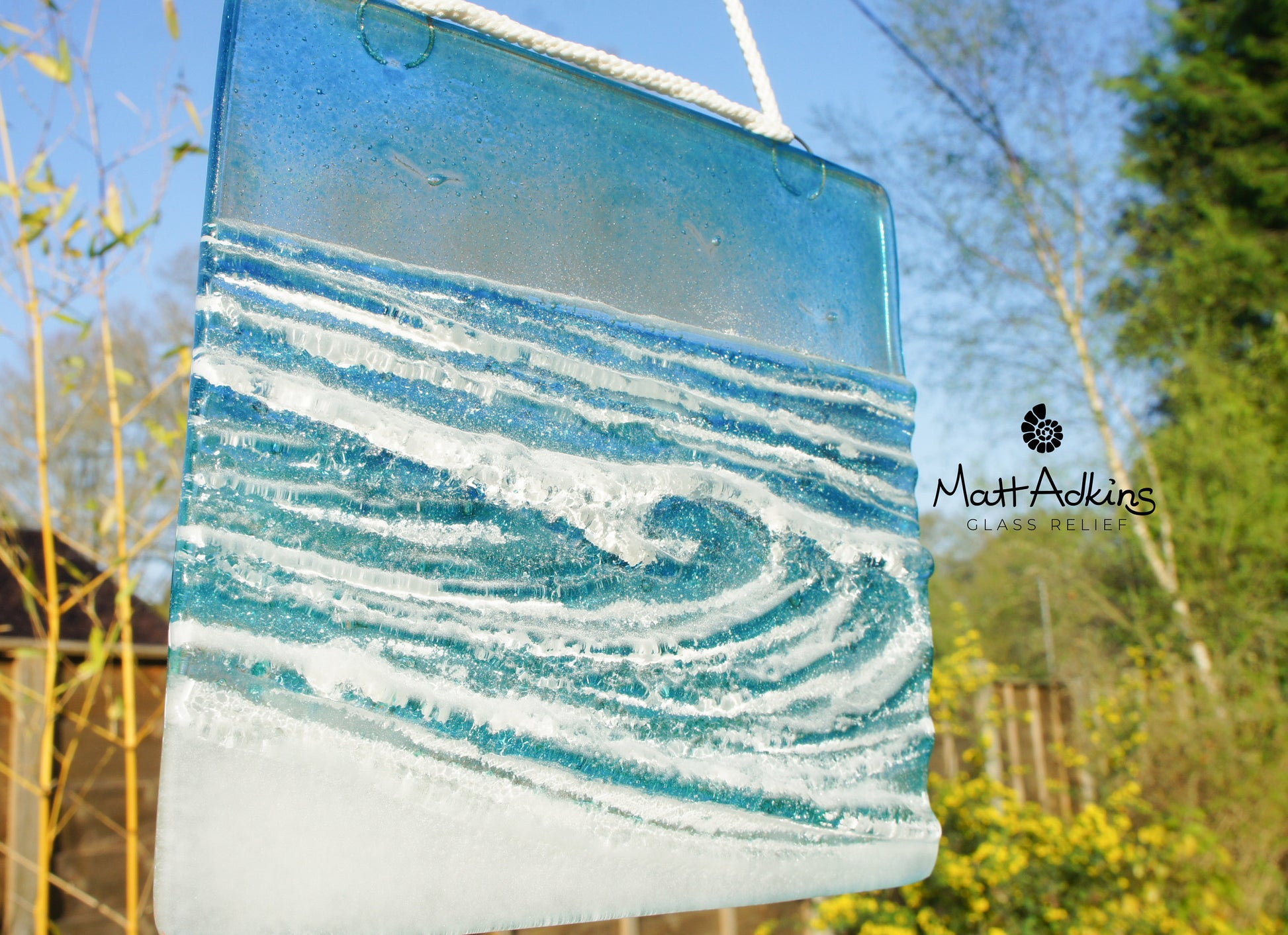 fused glass art wave ocean suncatcher hanging in window 15cm with cord