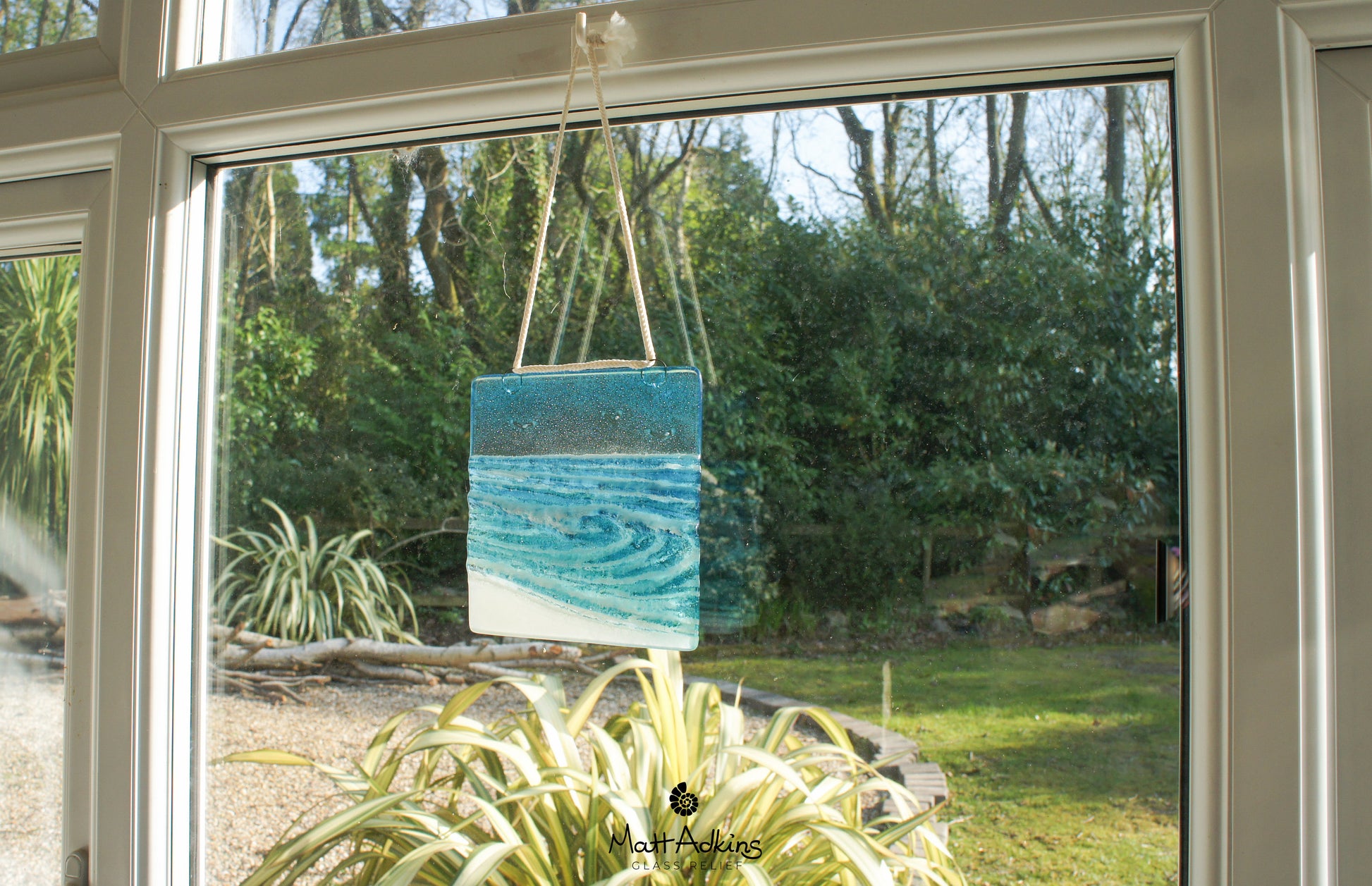 fused glass art wave ocean suncatcher hanging in window 15cm with cord