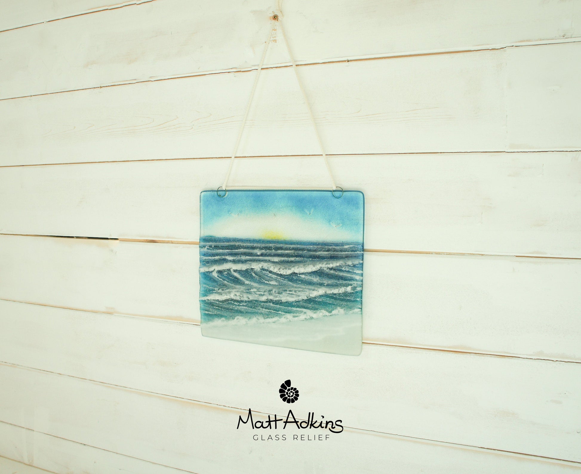 fused glass art wave ocean suncatcher hanging in window 22x20cm with cord