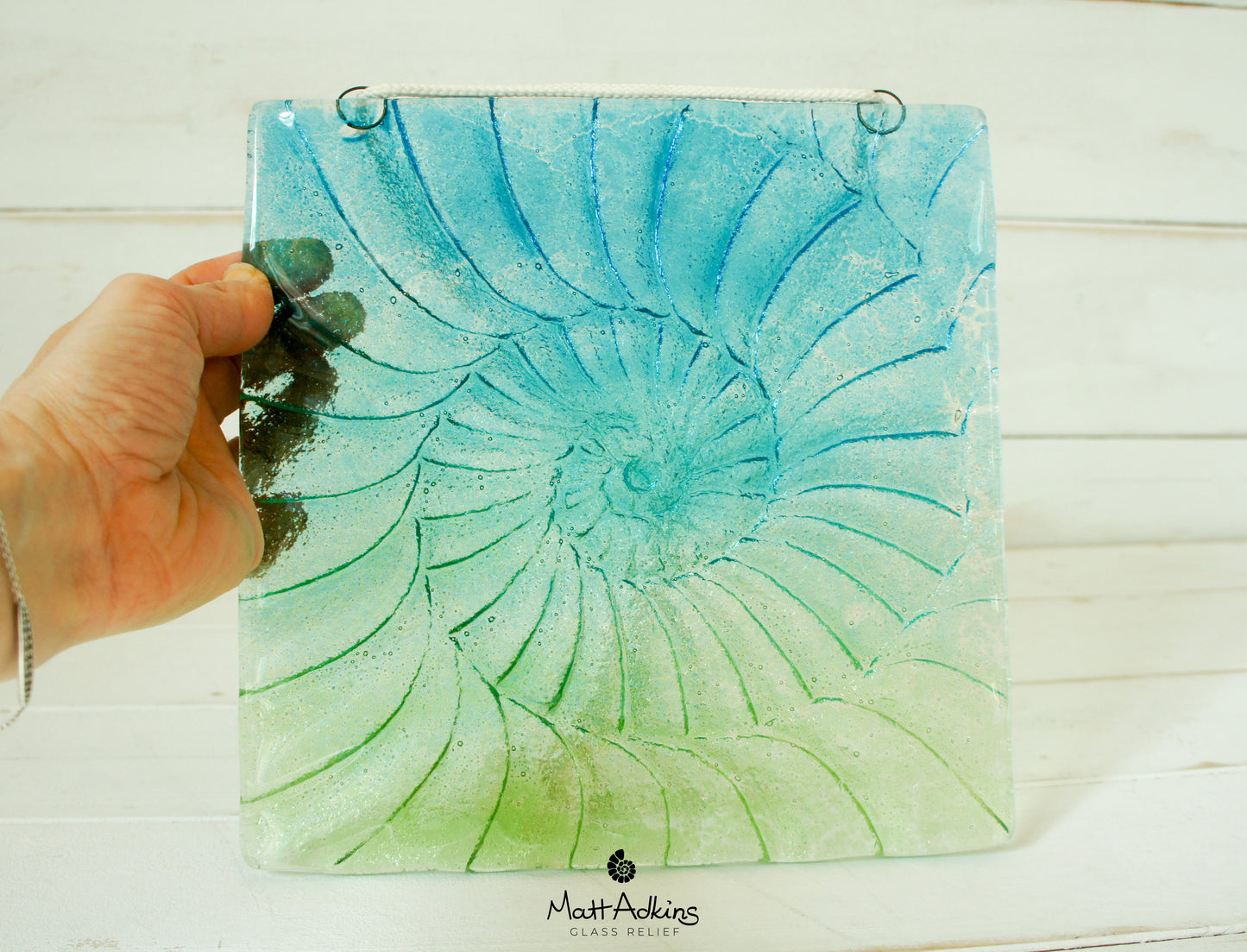 Ammonite Square Glass Suncatcher with cord - Hanging - Turquoise Blue Green - 22x22cm(9")