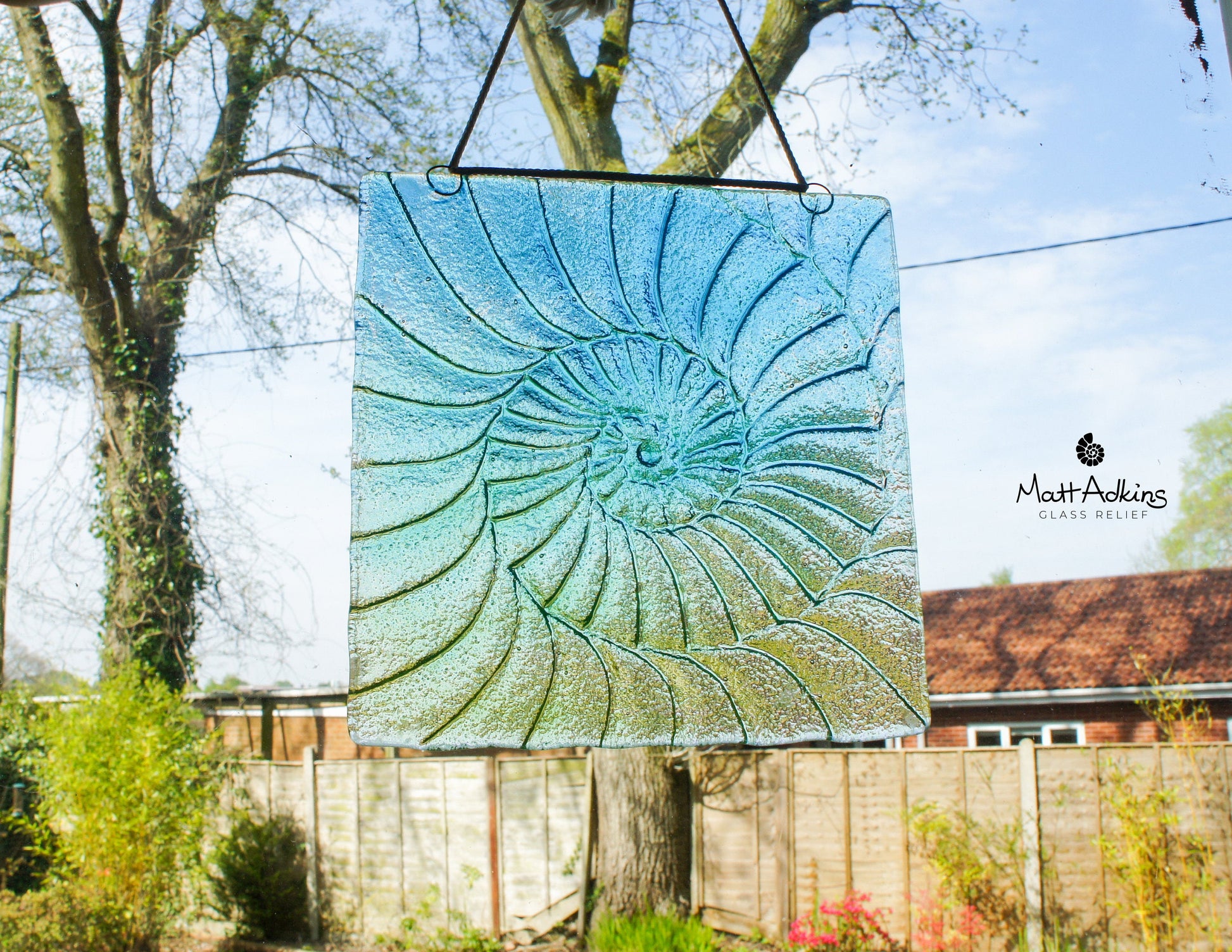 blue turquoise green square ammonite fused glass hanging window suncatcher 22cm with cord