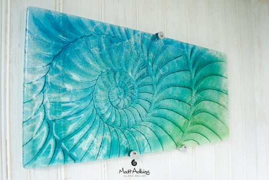 Ammonite Wall Panel - Large Landscape - Turquoise Blue Green - 56x26cm(22x10") with fixings