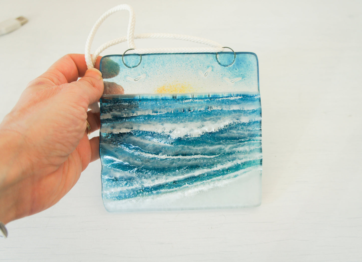 wave fused glass suncatcher ocean with cord