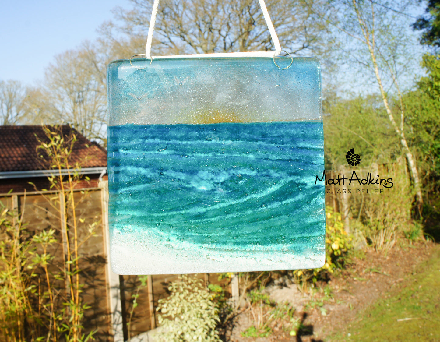 fused glass art wave ocean suncatcher hanging in window 15cm with cord