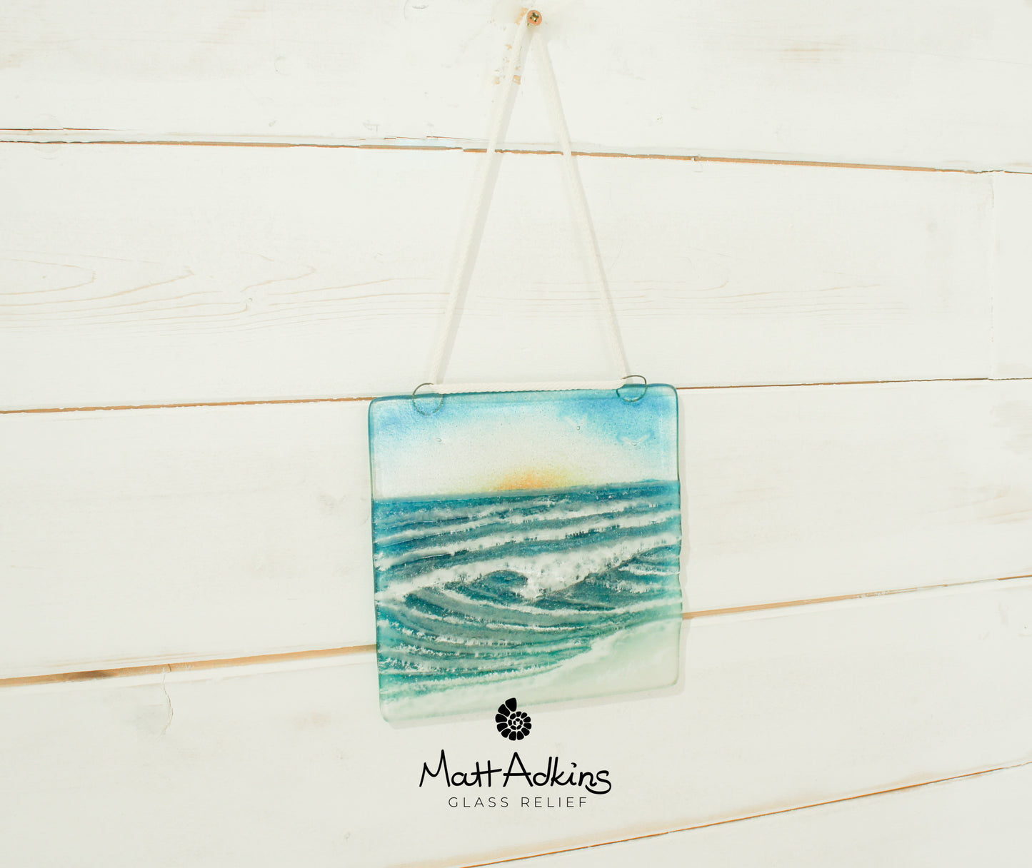 fused glass art wave ocean suncatcher hanging in window 15cm with cord