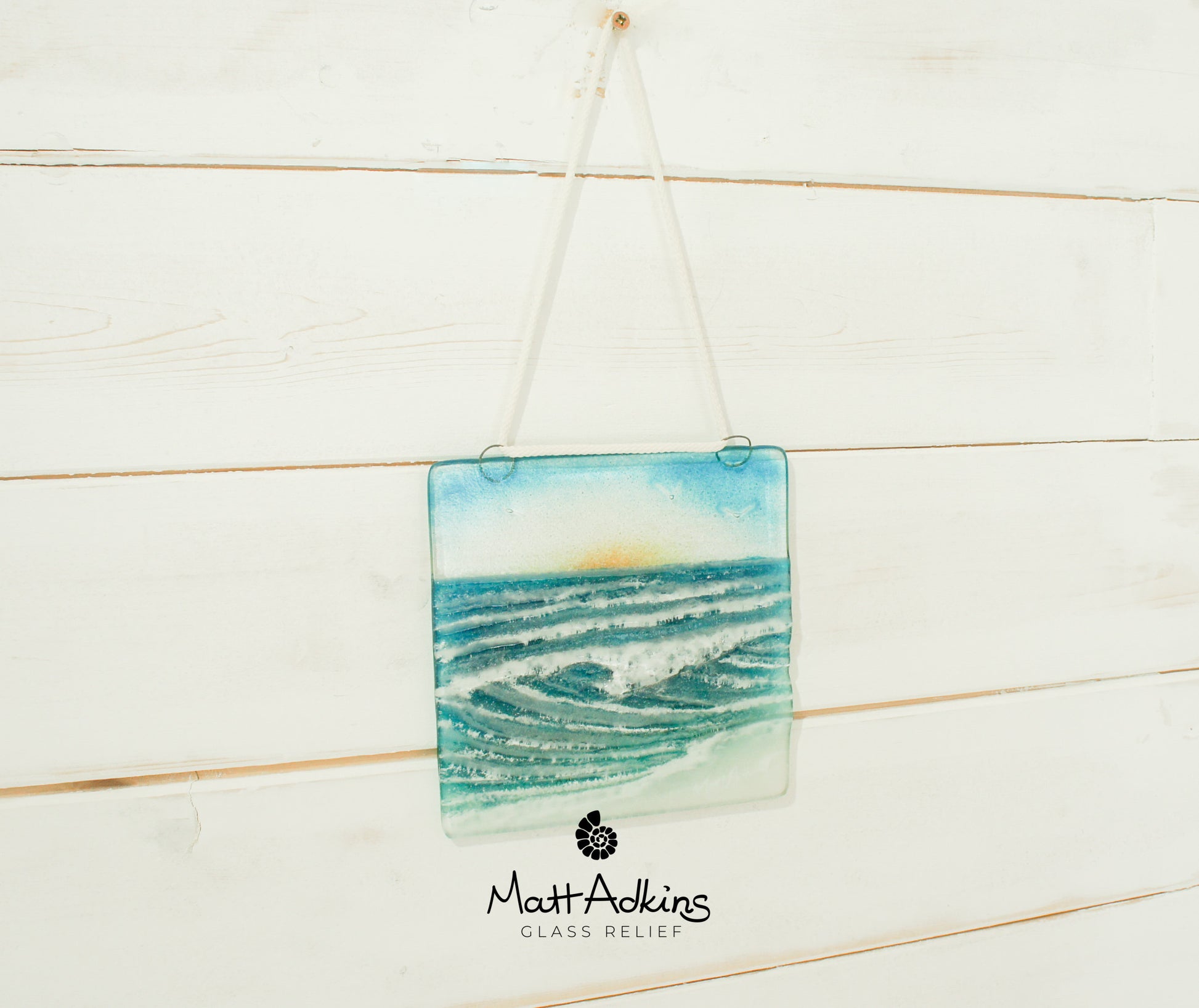 fused glass art wave ocean suncatcher hanging in window 15cm with cord