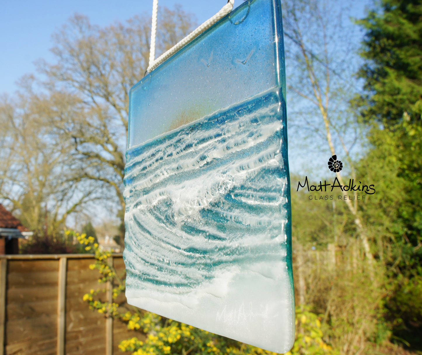 fused glass art wave ocean suncatcher hanging in window 15cm with cord