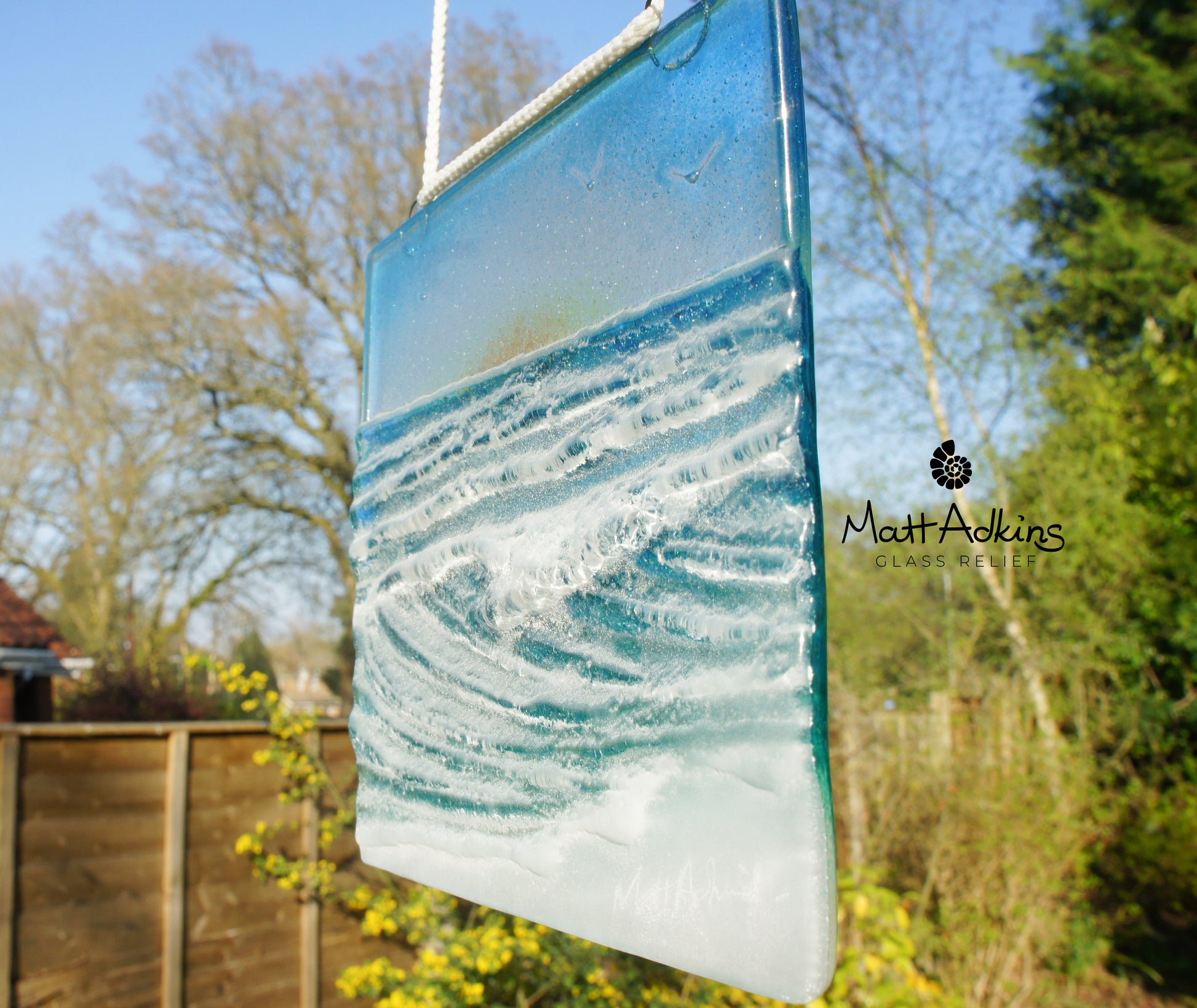 fused glass art wave ocean suncatcher hanging in window 15cm with cord
