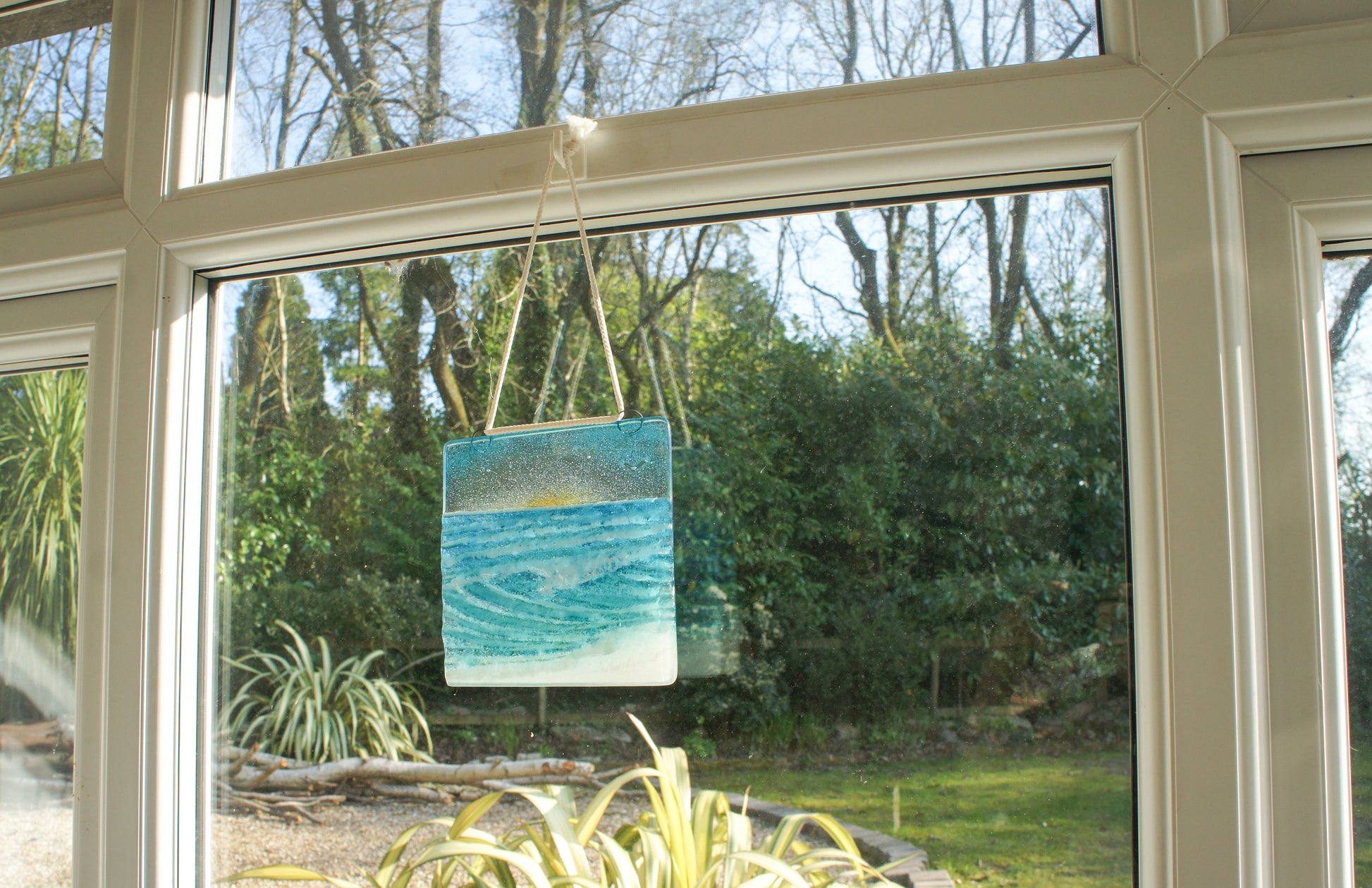 fused glass art wave ocean suncatcher hanging in window 15cm with cord