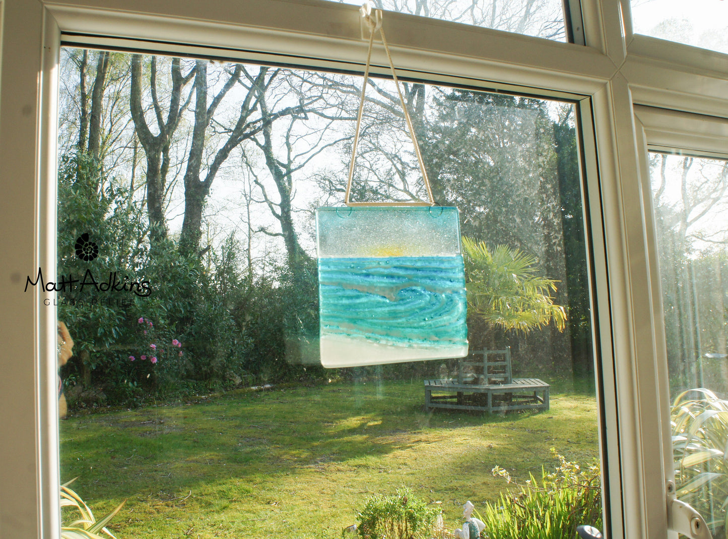 fused glass art wave ocean suncatcher hanging in window 15cm with cord