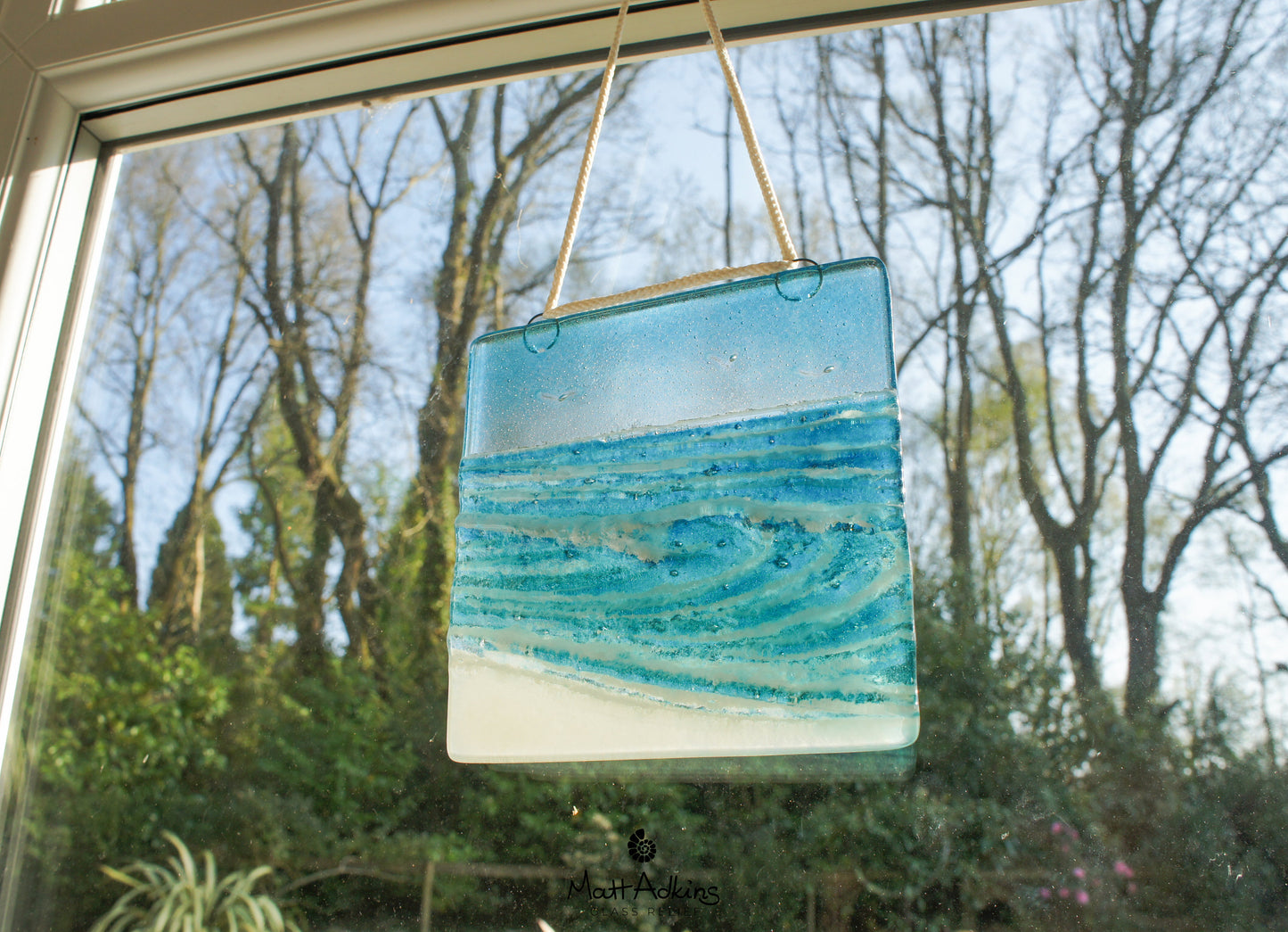 fused glass art wave ocean suncatcher hanging in window 15cm with cord
