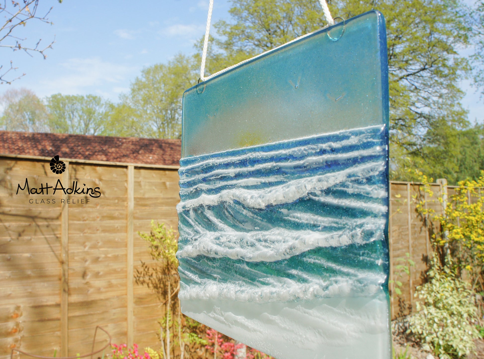 fused glass art wave ocean suncatcher hanging in window 22x20cm with cord