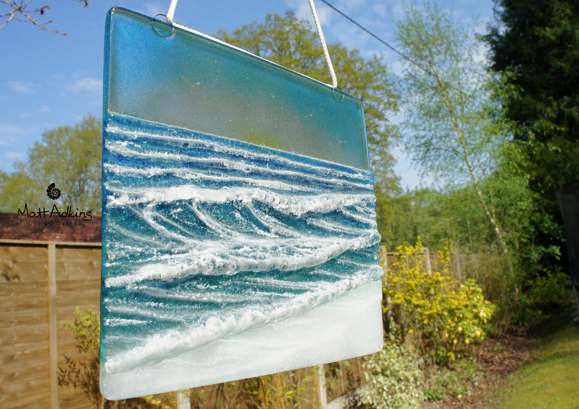 fused glass art wave ocean suncatcher hanging in window 22x20cm with cord