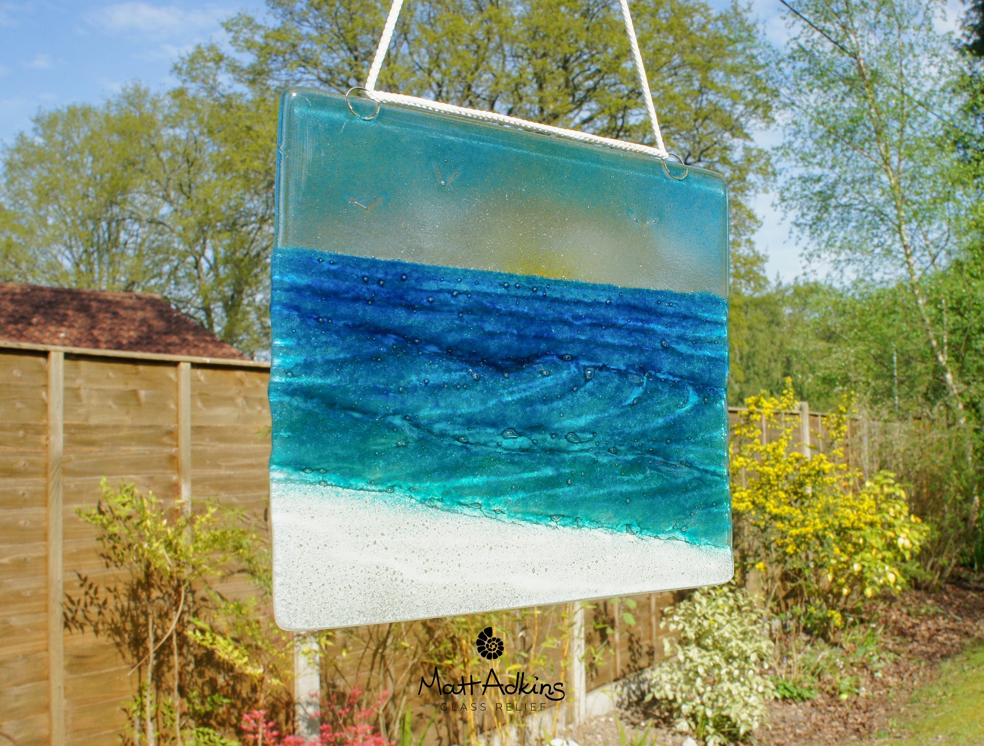 fused glass art wave ocean suncatcher hanging in window 22x20cm with cord