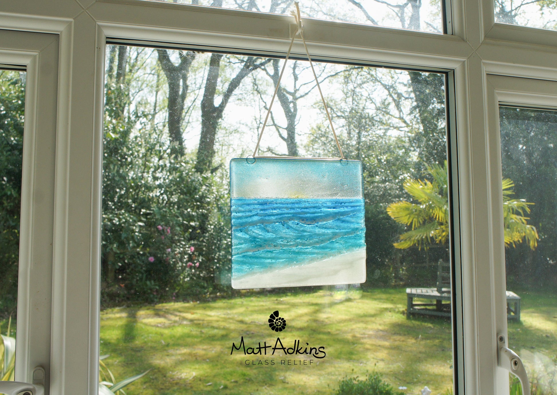 fused glass art wave ocean suncatcher hanging in window 22x20cm with cord
