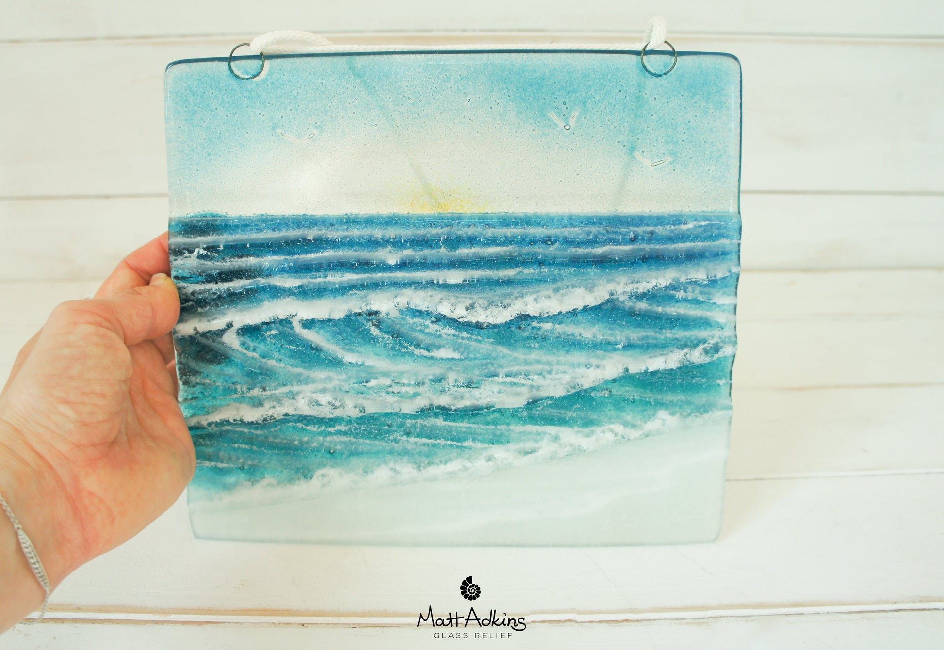 fused glass art wave ocean suncatcher hanging in window 22x20cm with cord