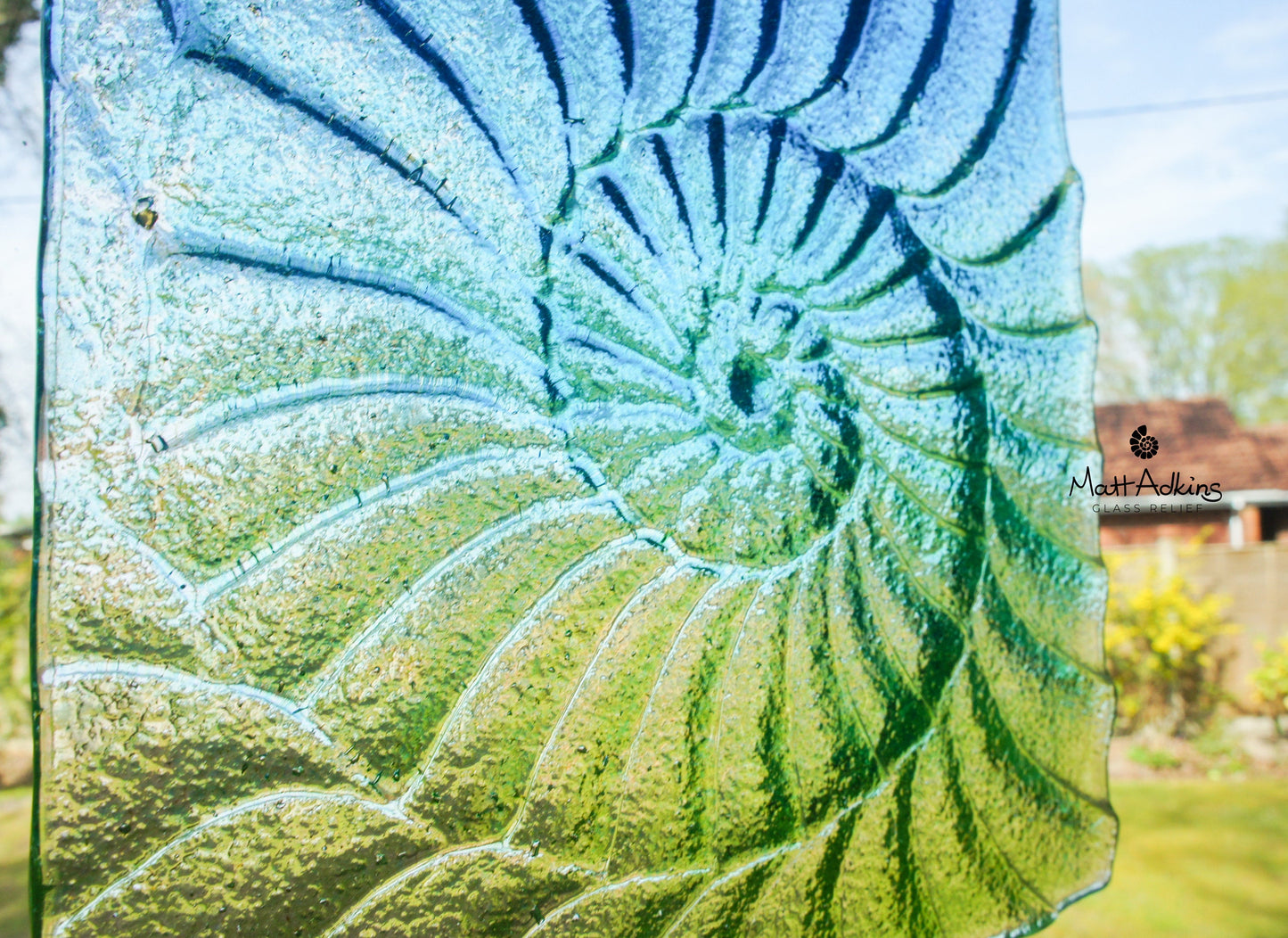 blue turquoise green square ammonite fused glass suncatcher 22cm with cord