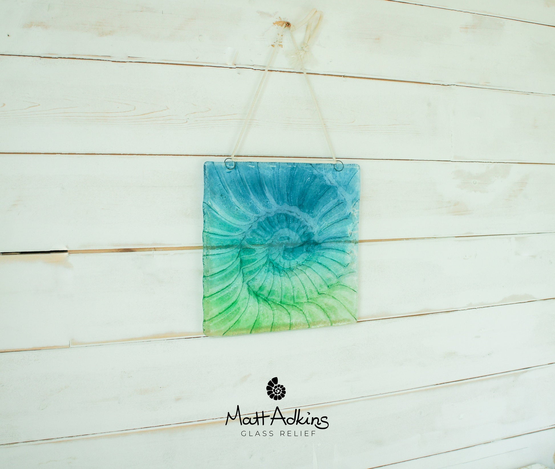 aqua fused glass fossil square suncatcher with cord