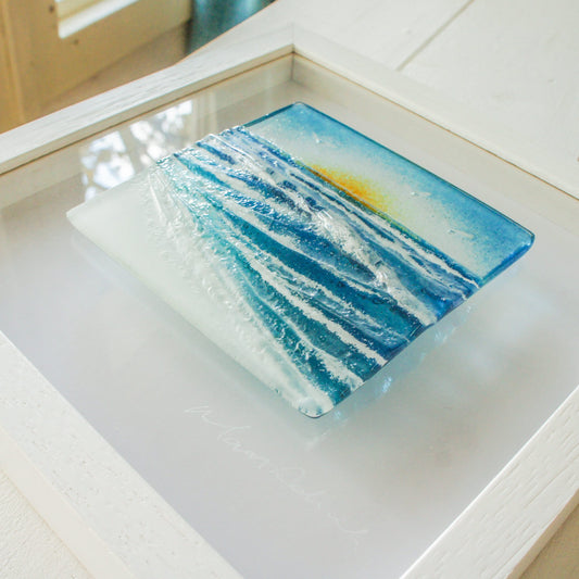Wave in a Box Fused Glass Wave Wall Art Sun 25x25cm(10"), Turquoise Teal Blue Seaside Glass Framed Picture, Surfer's Wave Wall Sculpture