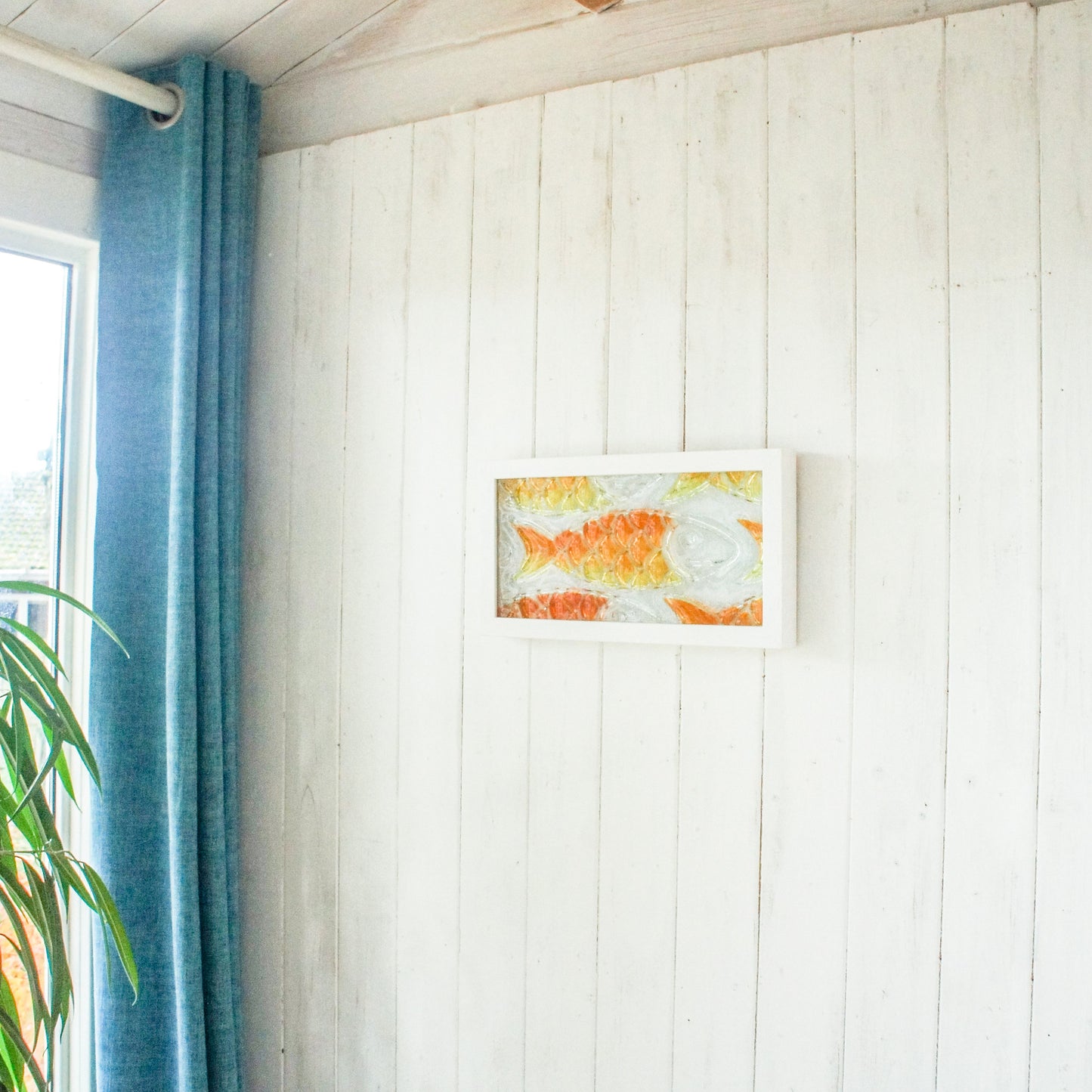 fused glass fish orange yellow landscape, fish wall art, nautical art