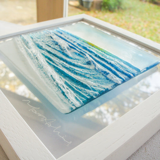 fused glass wave framed art, wall art ocean, coastal art, seal glass wall art, seaglass art, sea glass wall art