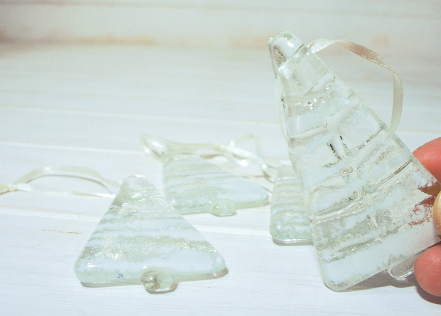white fused glass christmas decorations, glass christmas trees, glass christmas hanging decorations, glass christmas ornaments