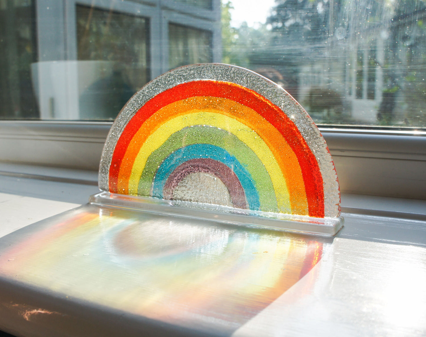 personalised fused glass raindow, memorial engraved rainbow glass suncatcher