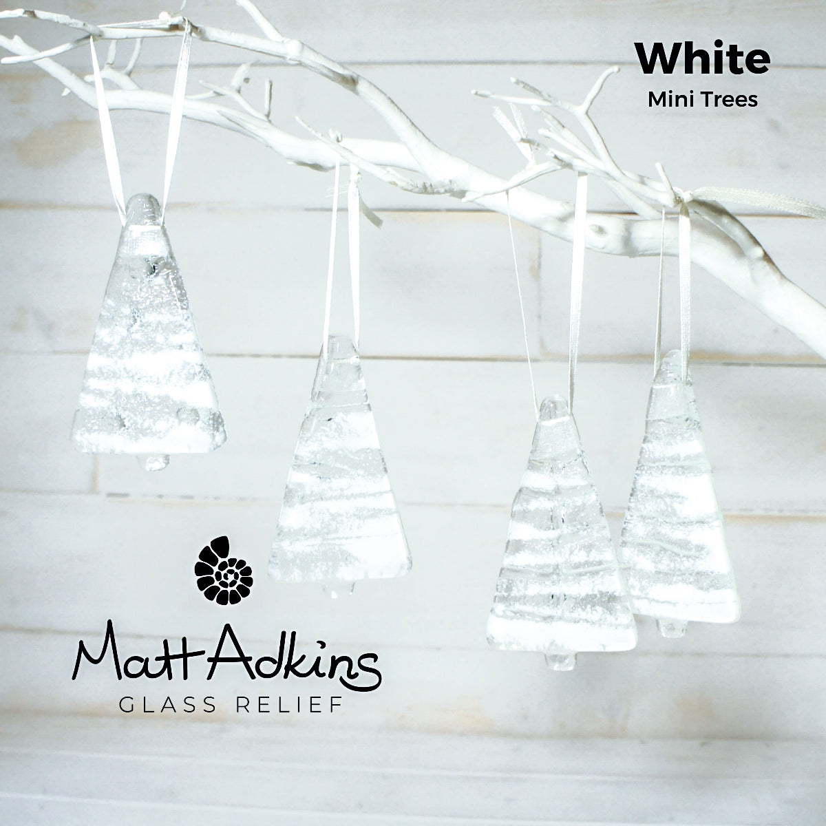 2 to 6 Medium White Glass Trees - Hanging - 12cm/3 3/4" with ribbon and organza bag