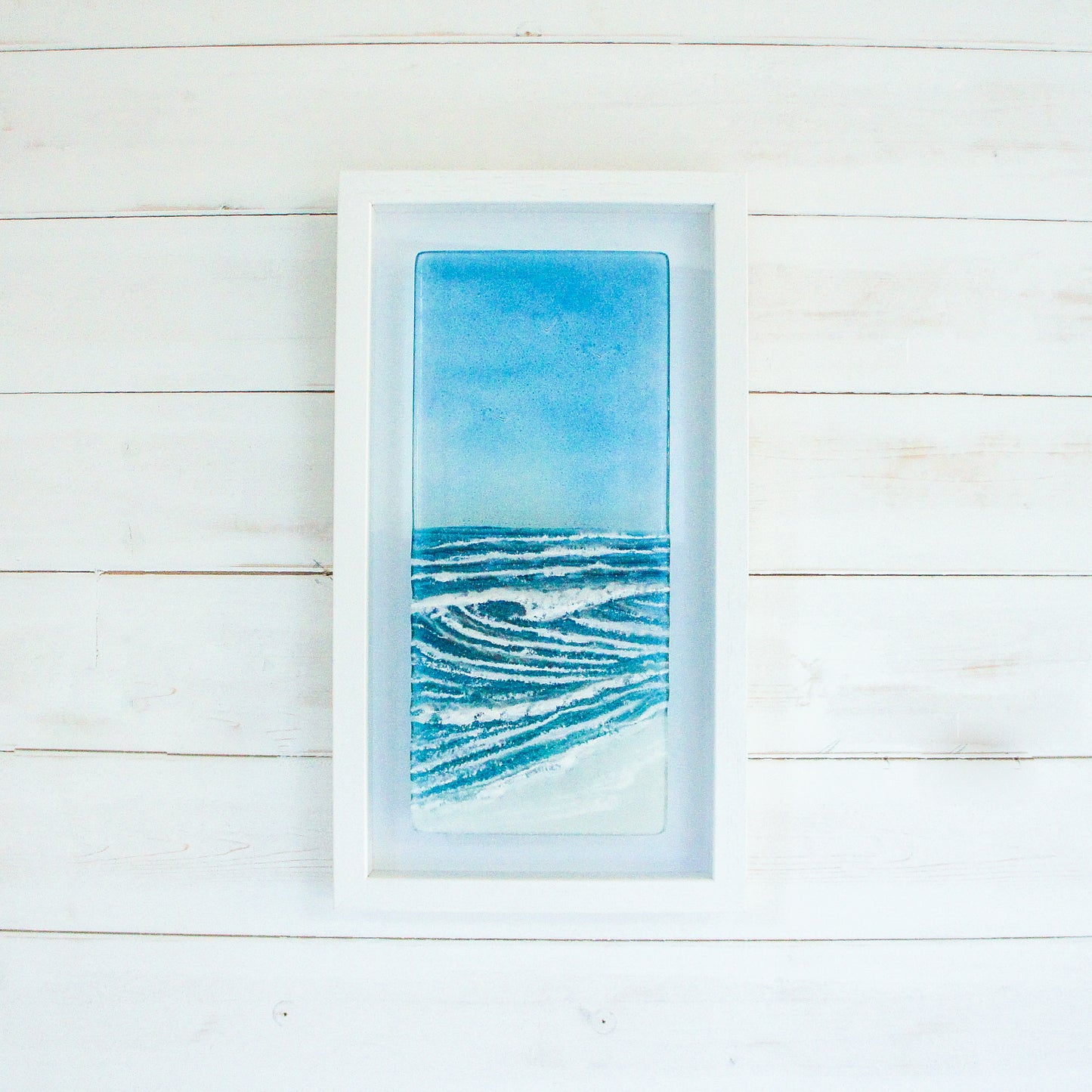 portrait wave glass art frame turquoise blue