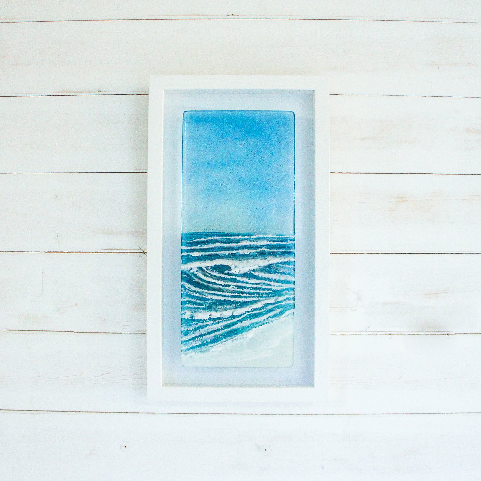 portrait wave glass art frame turquoise blue