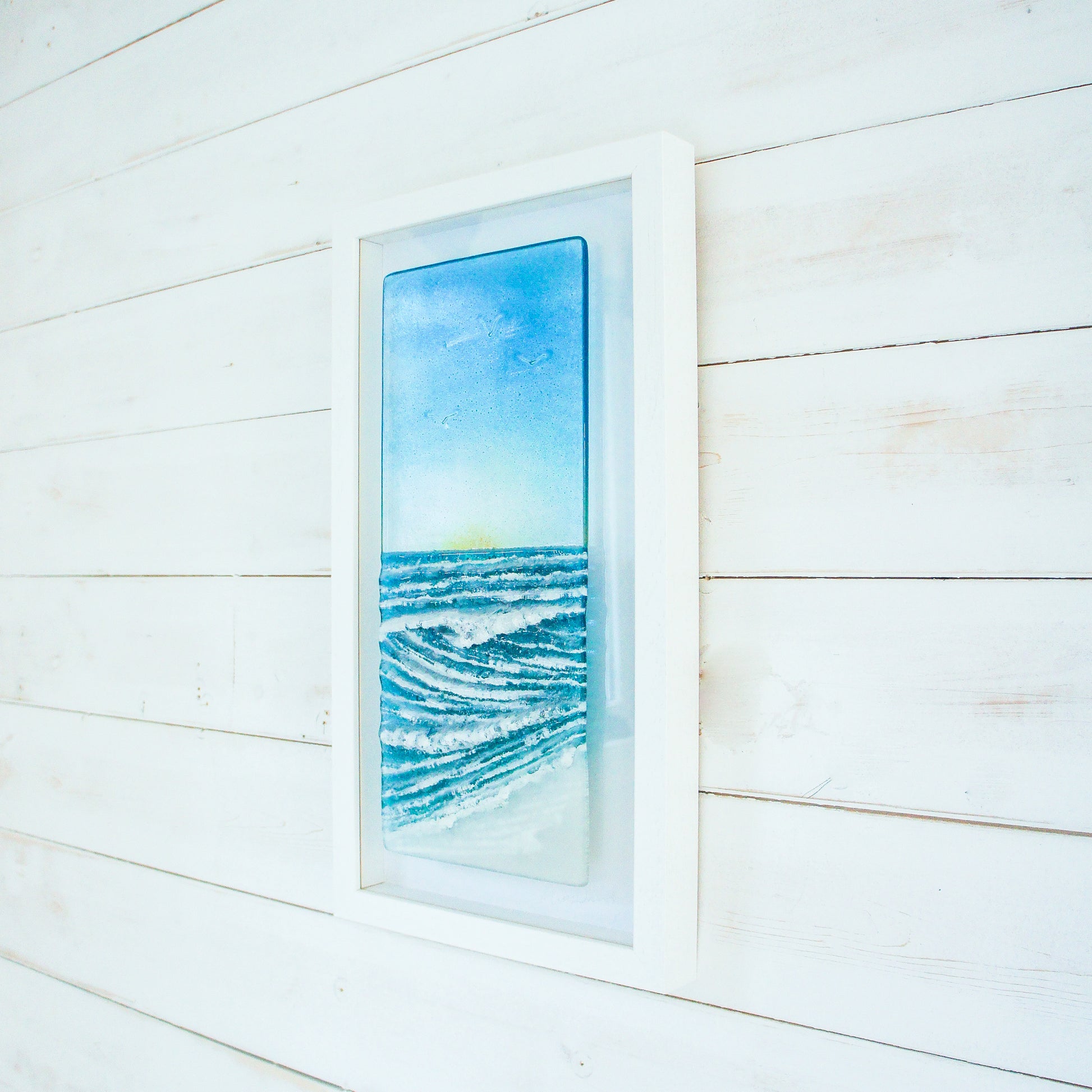 portrait wave glass art frame turquoise blue
