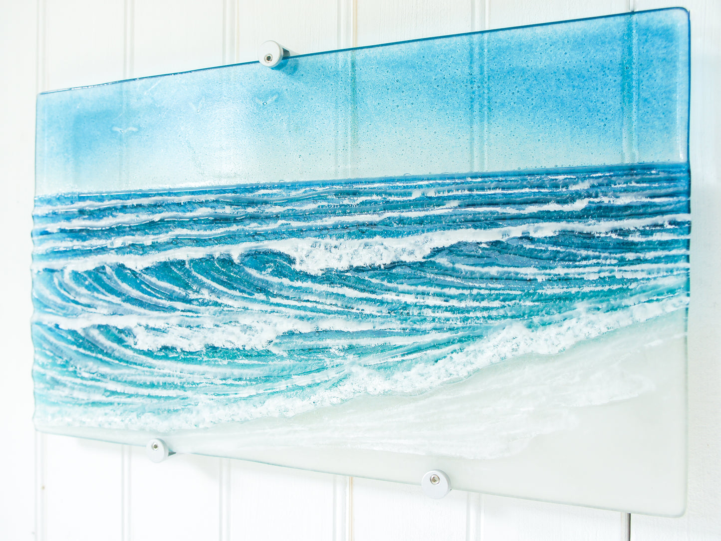 wave sculpture sea fused glass art blue teal wall art