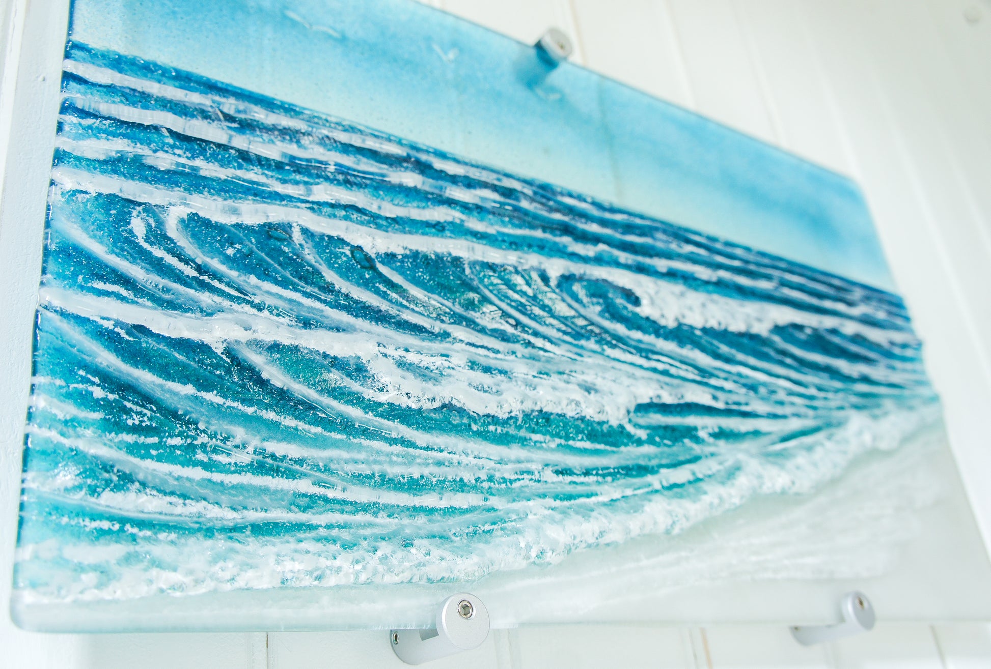 wave sculpture sea fused glass art blue teal wall art