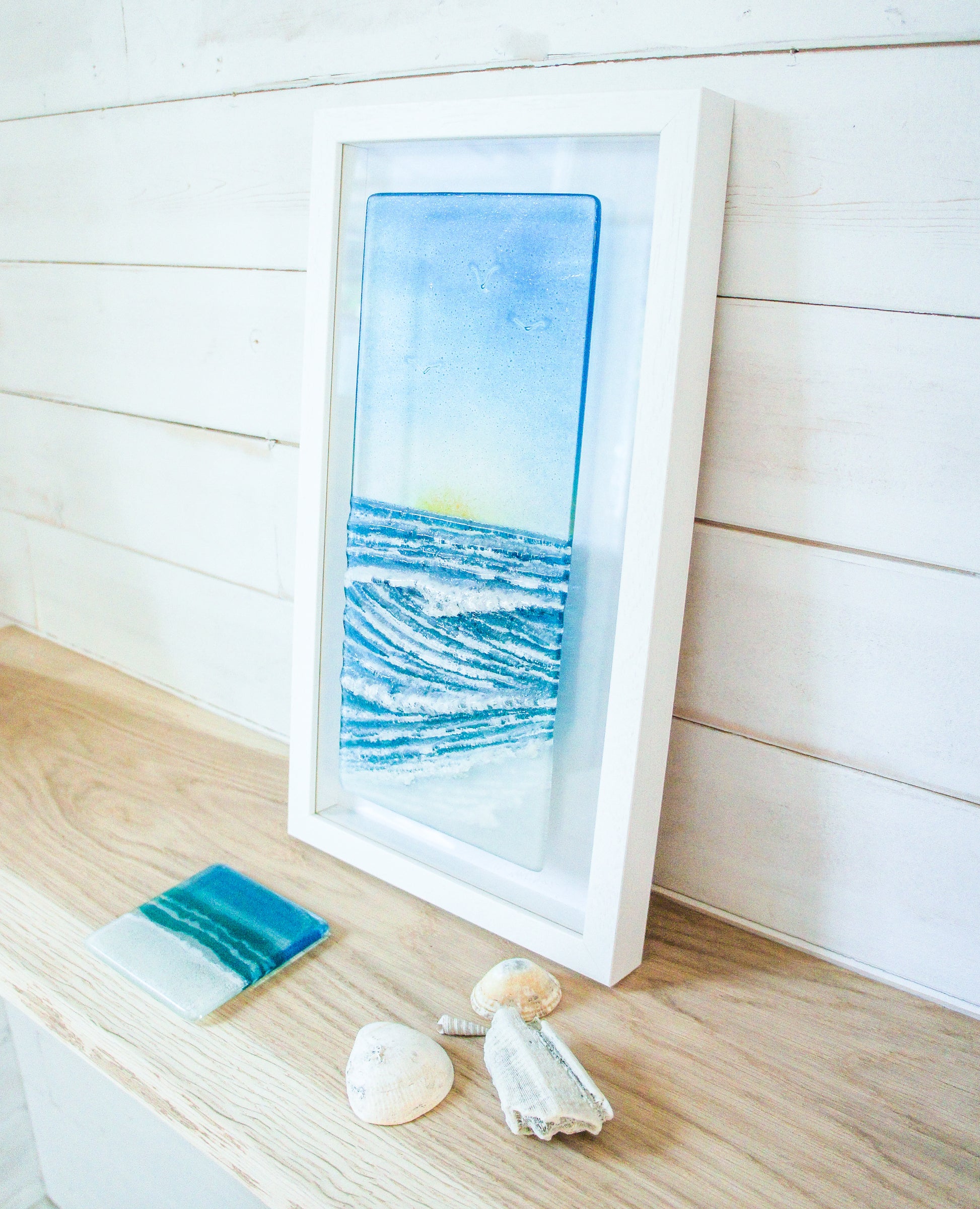 portrait wave glass art frame turquoise blue