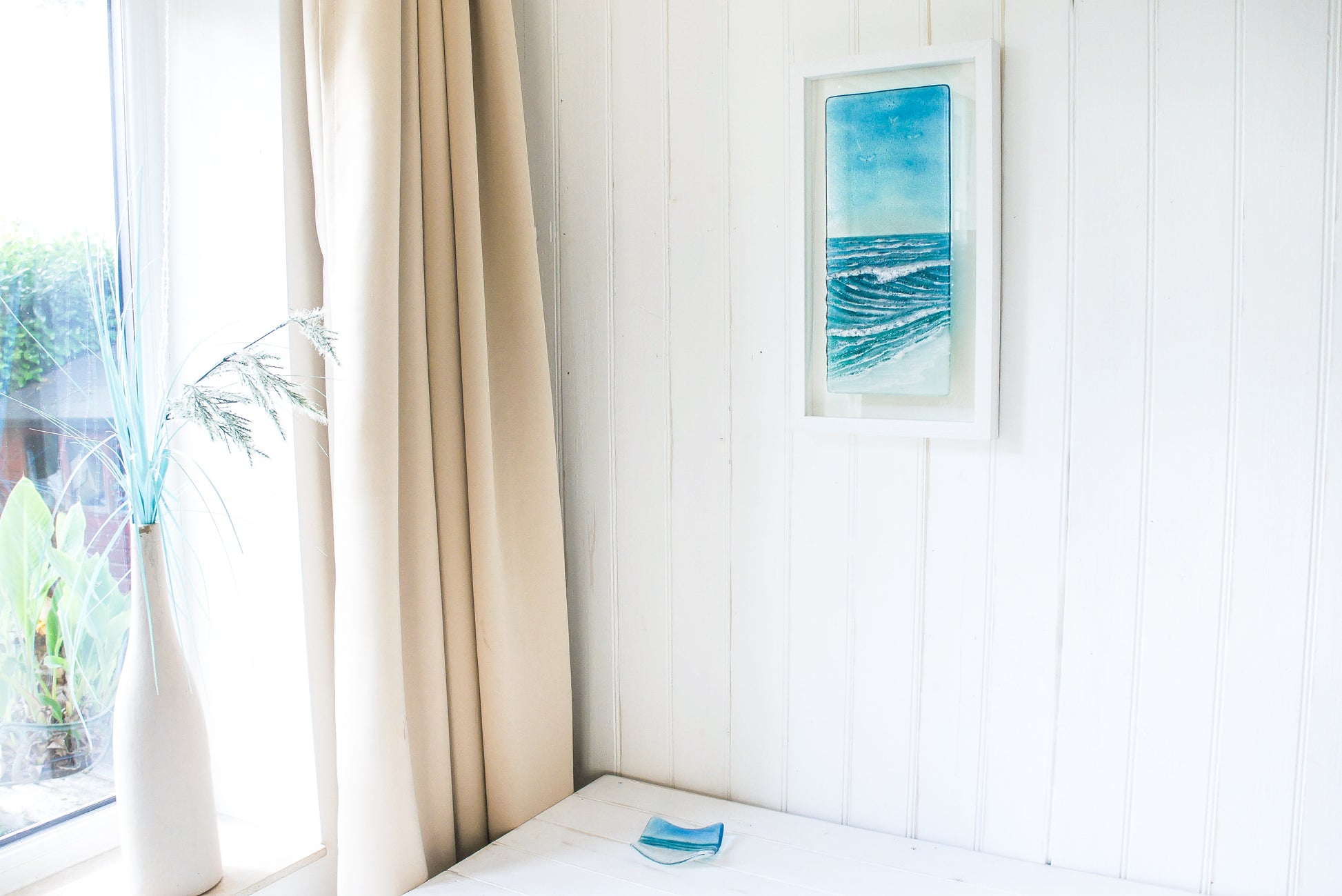 portrait wave glass art frame turquoise blue
