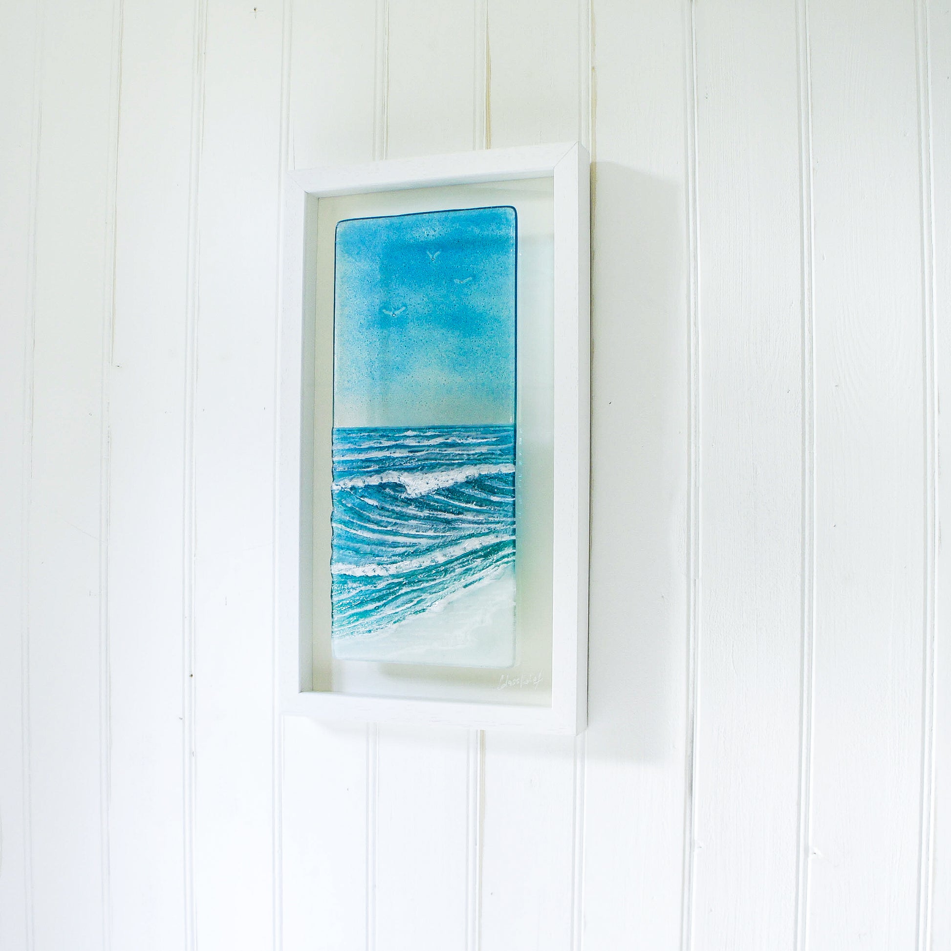 portrait wave glass art frame turquoise blue
