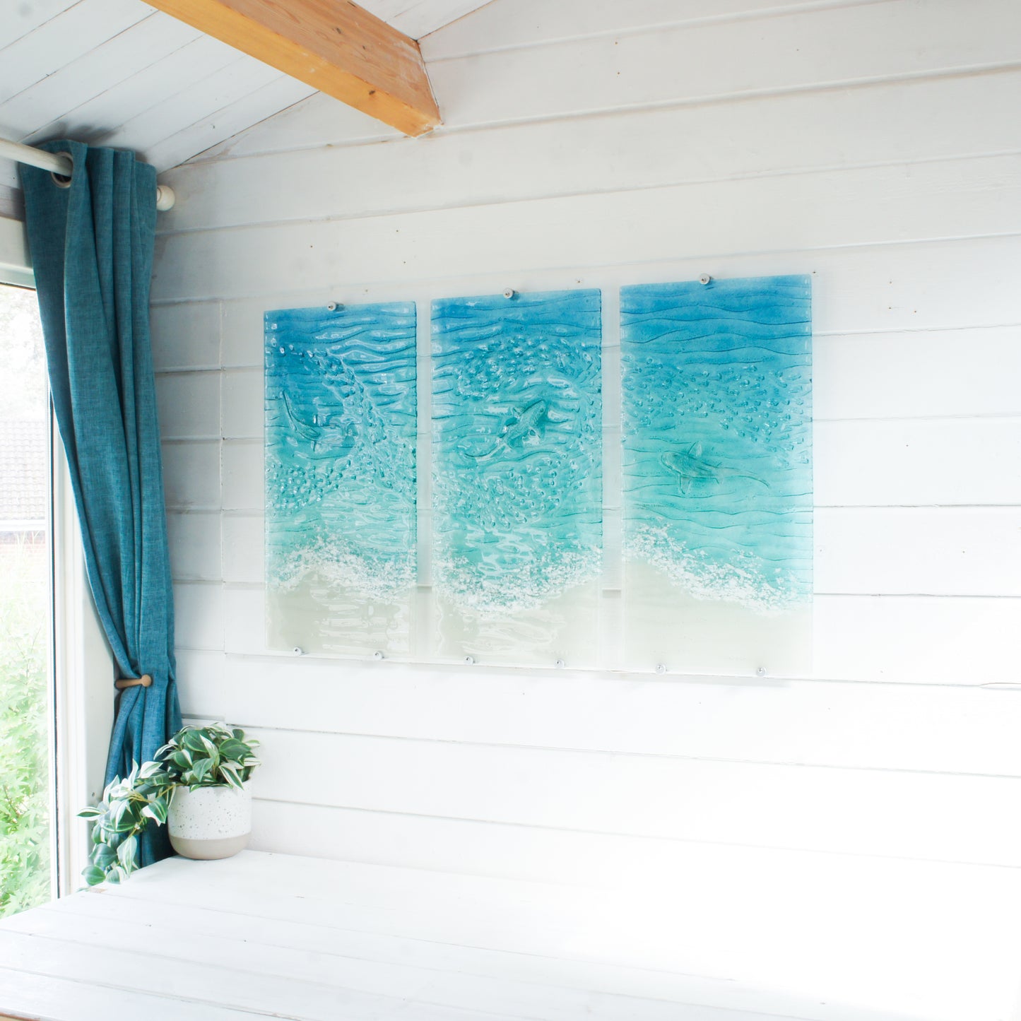 Shark Paradise 3 piece Wall Art Triptych fused art OVERALL 100x60cm (40x23"), each panel is 30cm wide and 60cm high (Copy)