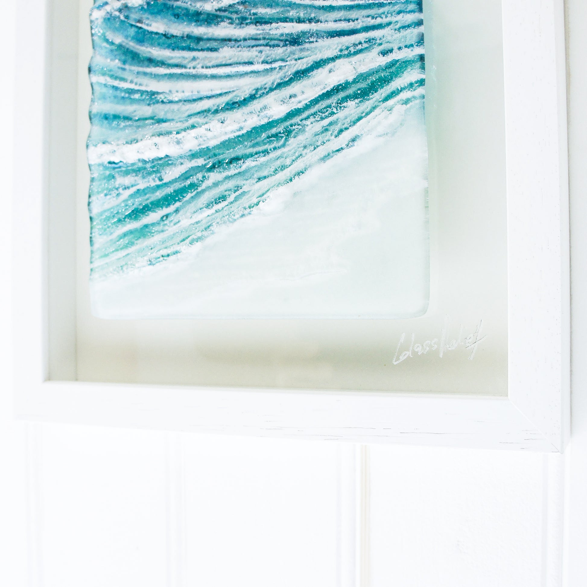 portrait wave glass art frame turquoise blue