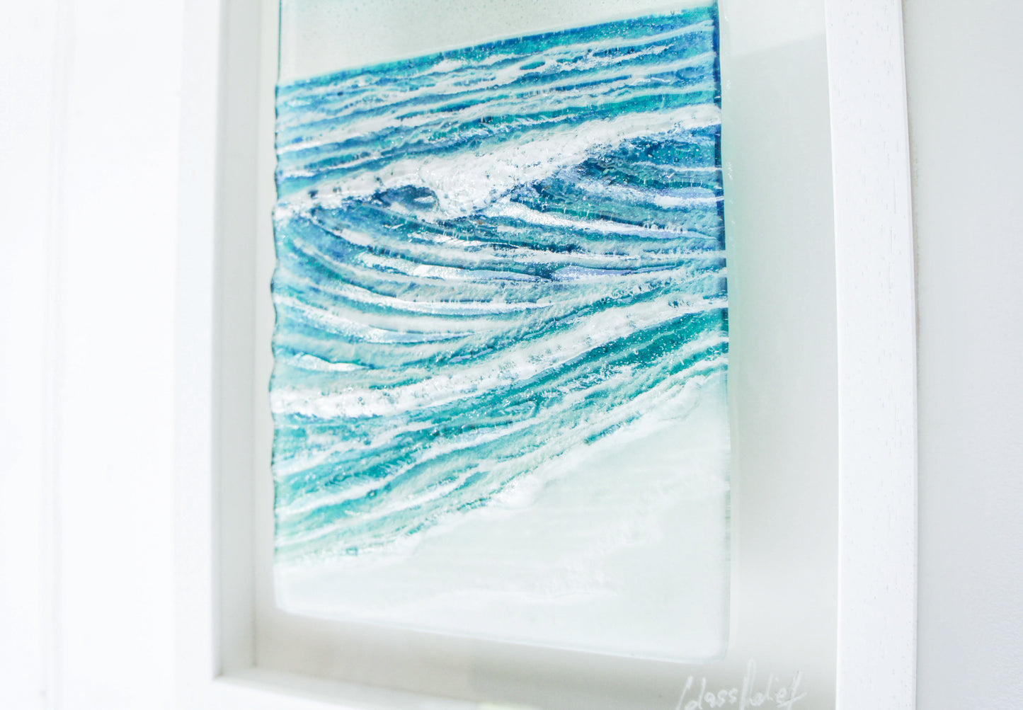 portrait wave glass art frame turquoise blue