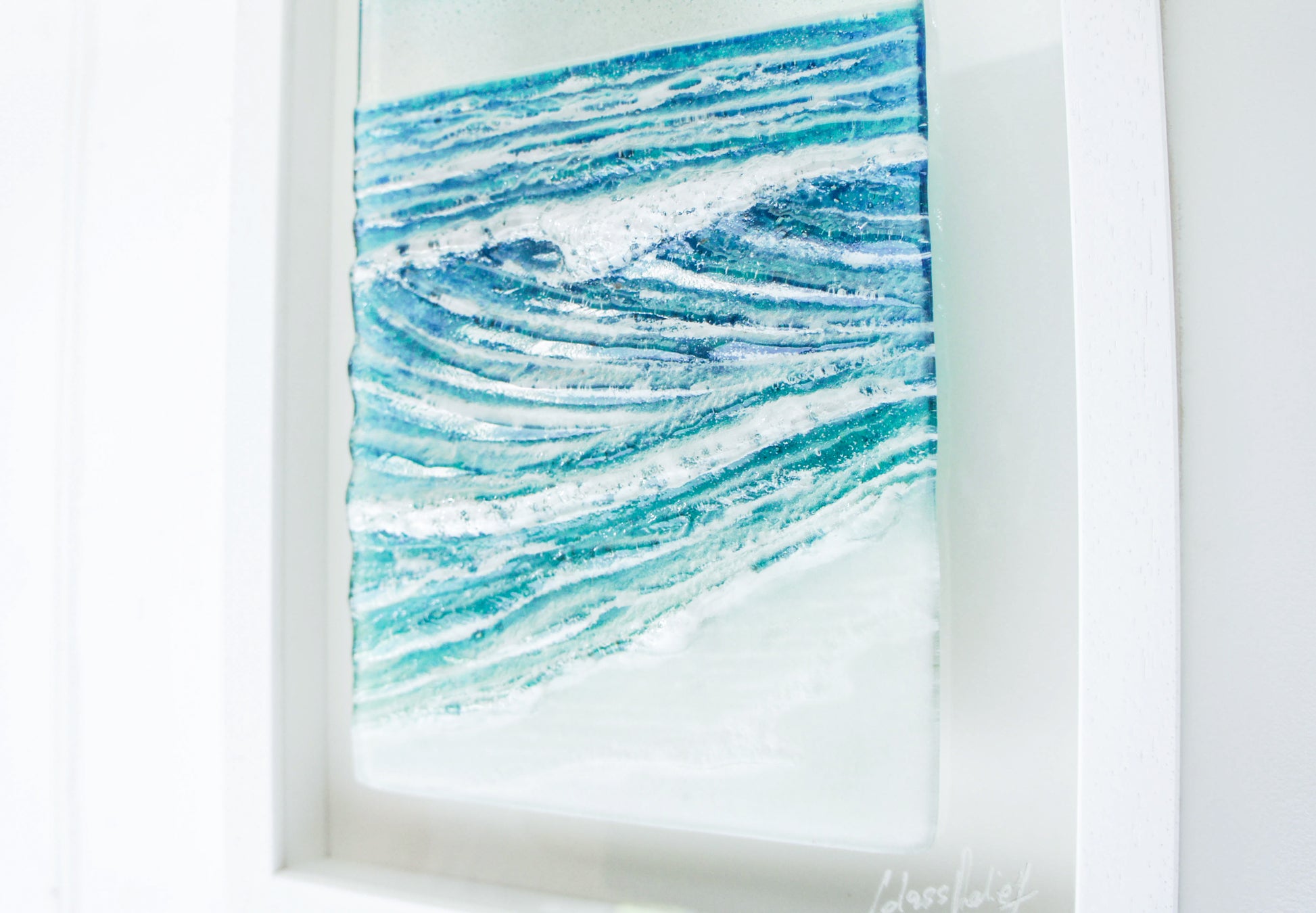 portrait wave glass art frame turquoise blue