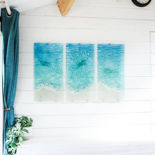 Shark triptych wall art
wall art set
set of 3 prints
extra large wall art
3 piece wall art
teal fused glass
sea glass art
teal wall decor
textured wall art
x large wall hanging
wall panel sculpture
turquoise aqua art
3d abstract art