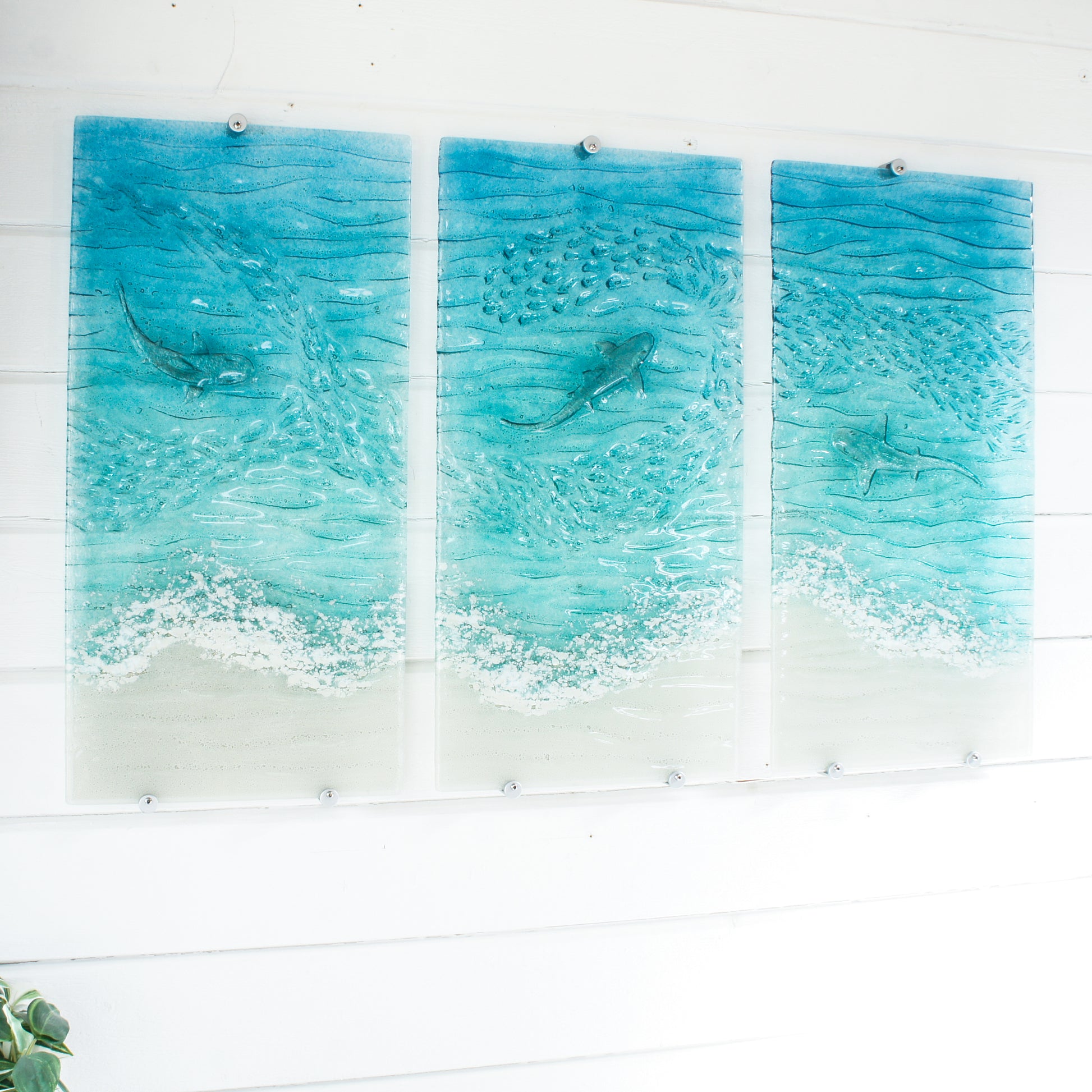Shark triptych wall art
wall art set
set of 3 prints
extra large wall art
3 piece wall art
teal fused glass
sea glass art
teal wall decor
textured wall art
x large wall hanging
wall panel sculpture
turquoise aqua art
3d abstract art