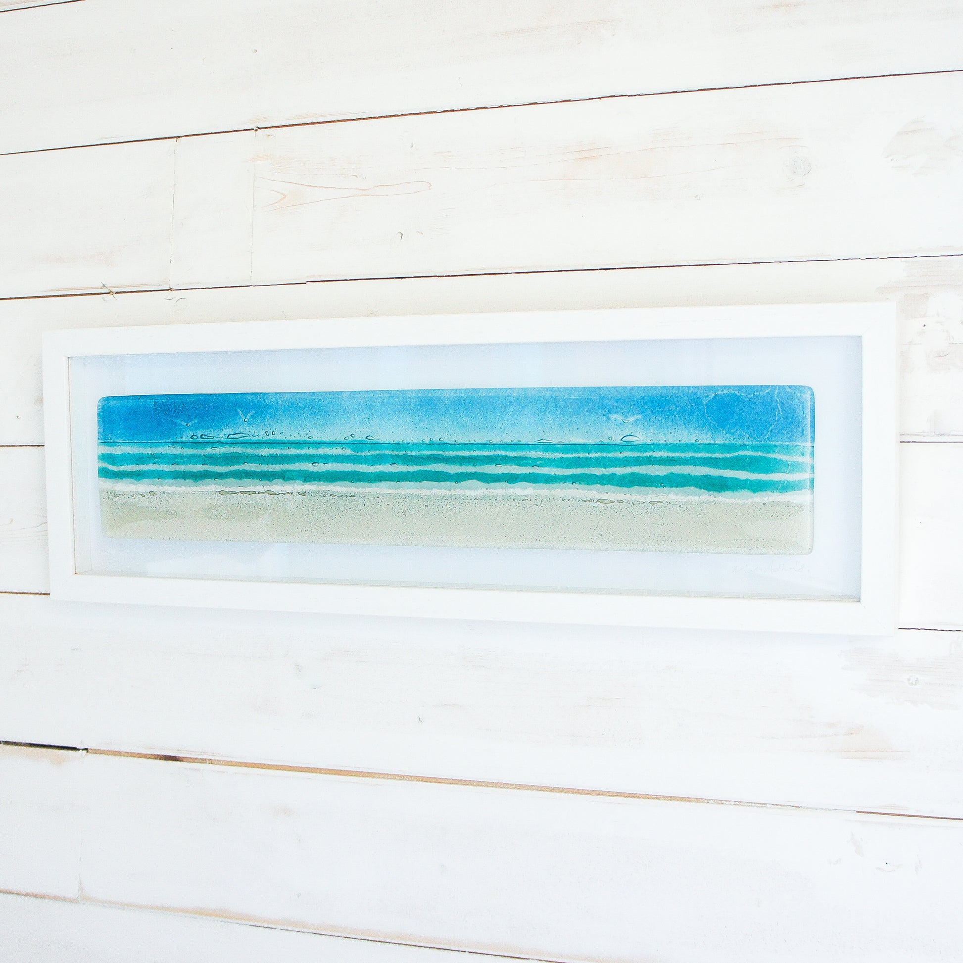 panoramic beach turquoise fused glass frame wall art