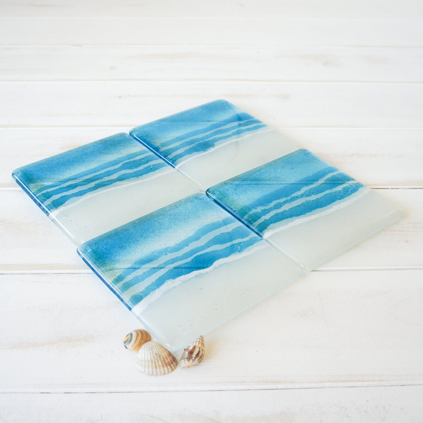 blue aqua teal turquoise beach fused glass square coaster
