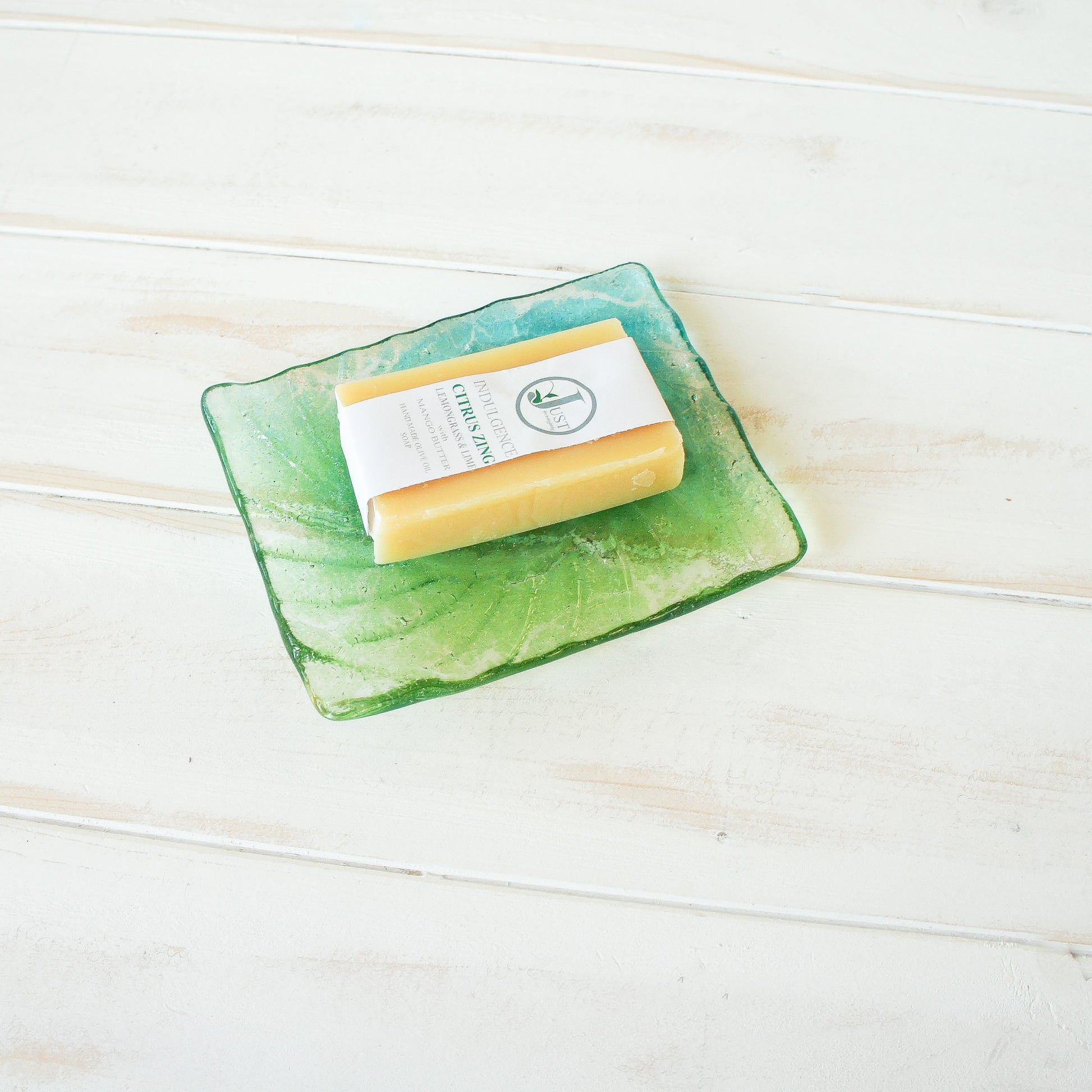ammonite teal and lime green handmade fused glass soap dish