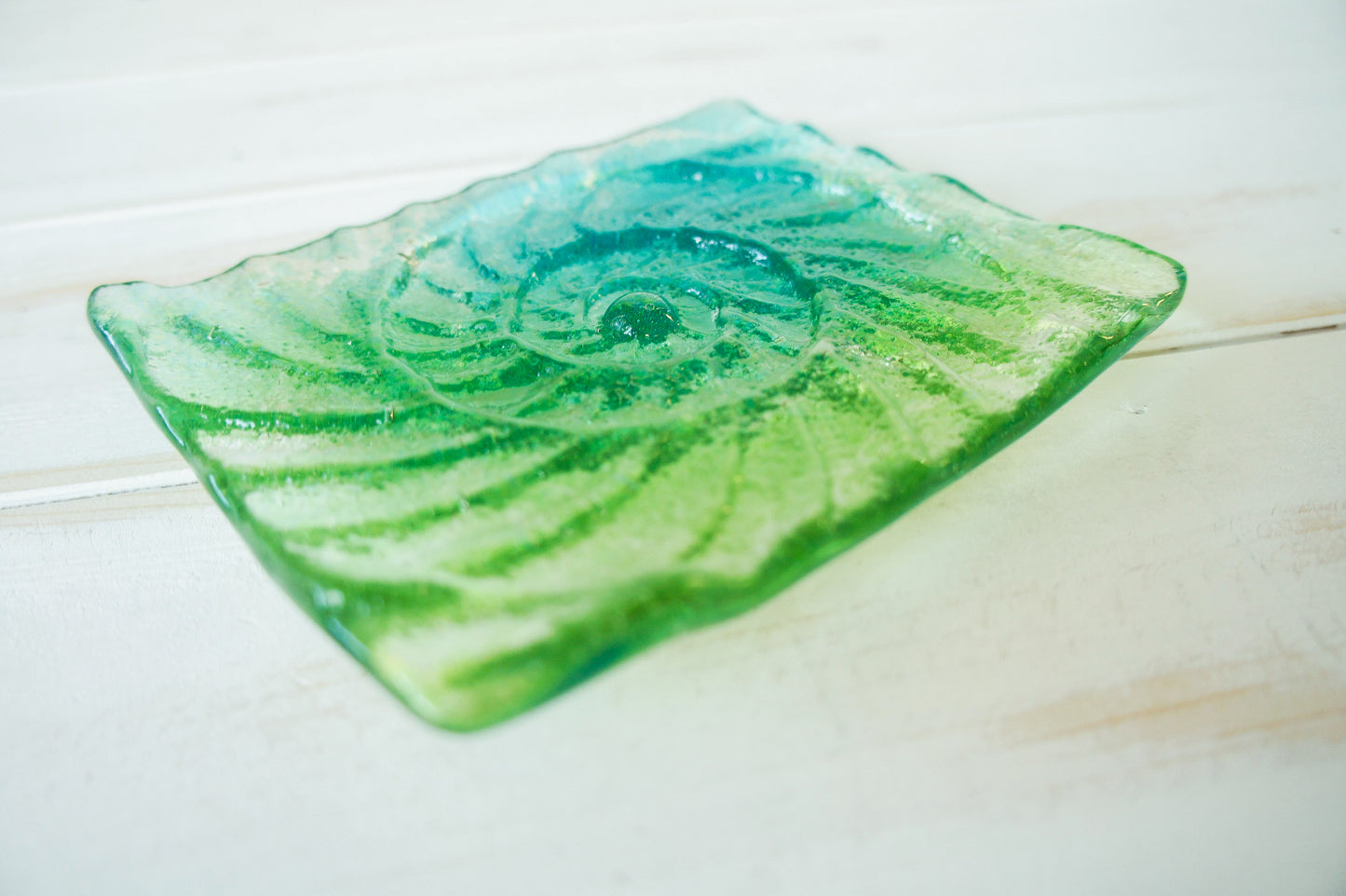 ammonite teal and lime green handmade fused glass soap dish