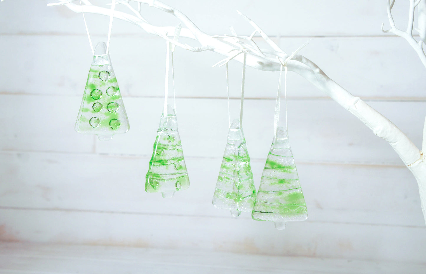 3 to 6 Mini Green Glass Trees - Hanging - 8cm(3") - each in an organza bag