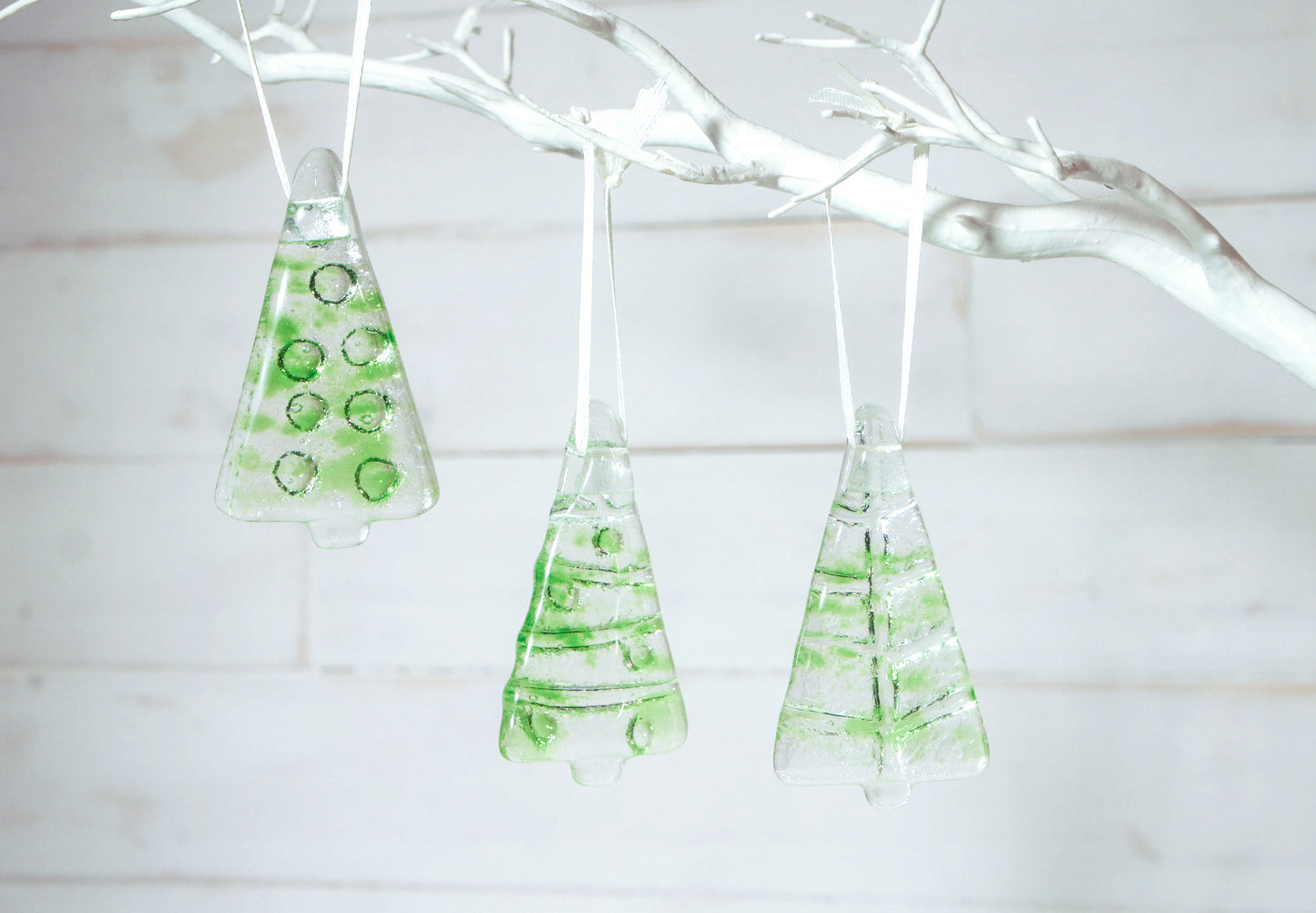 3 to 6 Mini Green Glass Trees - Hanging - 8cm(3") - each in an organza bag