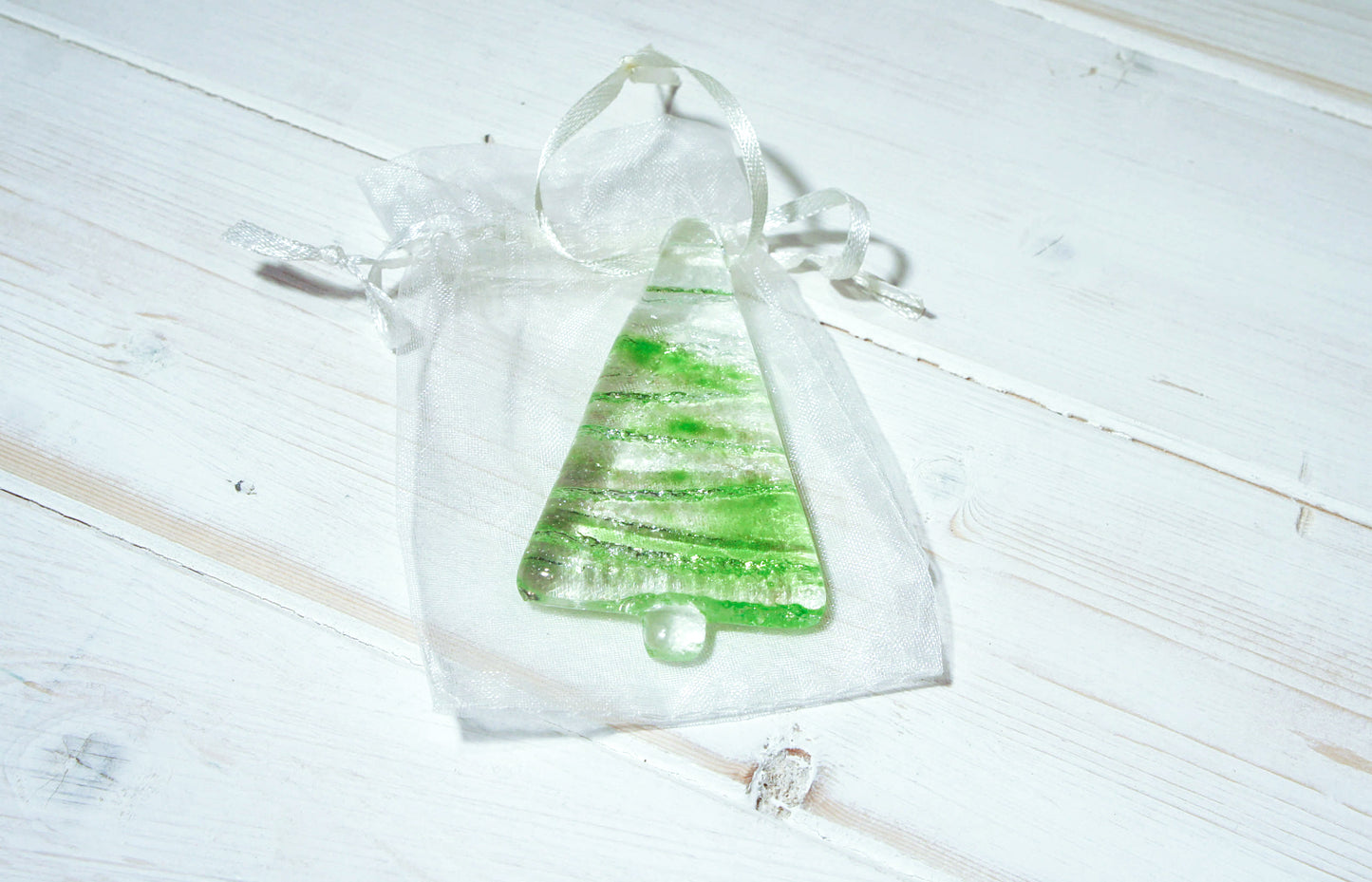 3 to 6 Mini Green Glass Trees - Hanging - 8cm(3") - each in an organza bag
