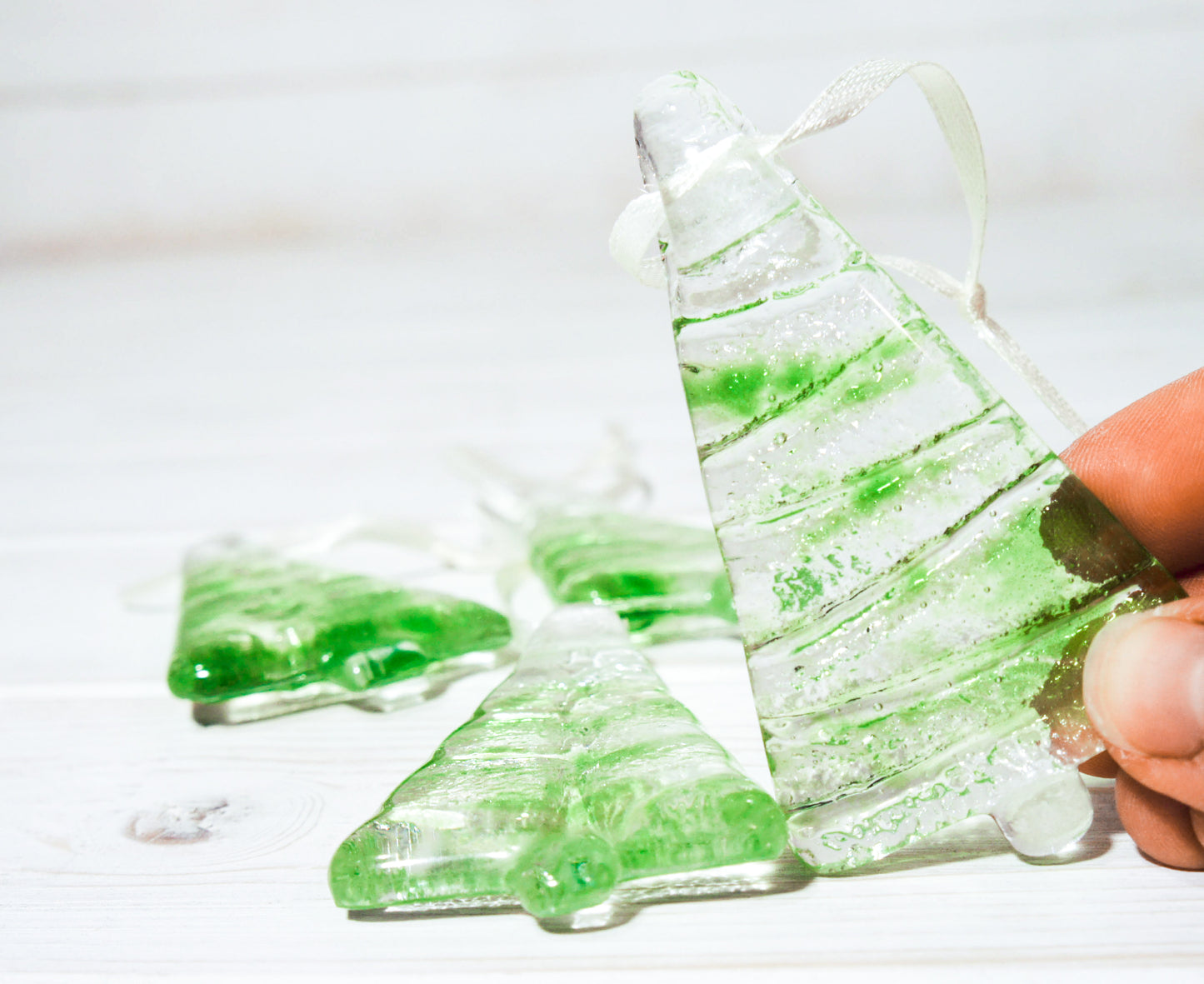 3 to 6 Mini Green Glass Trees - Hanging - 8cm(3") - each in an organza bag